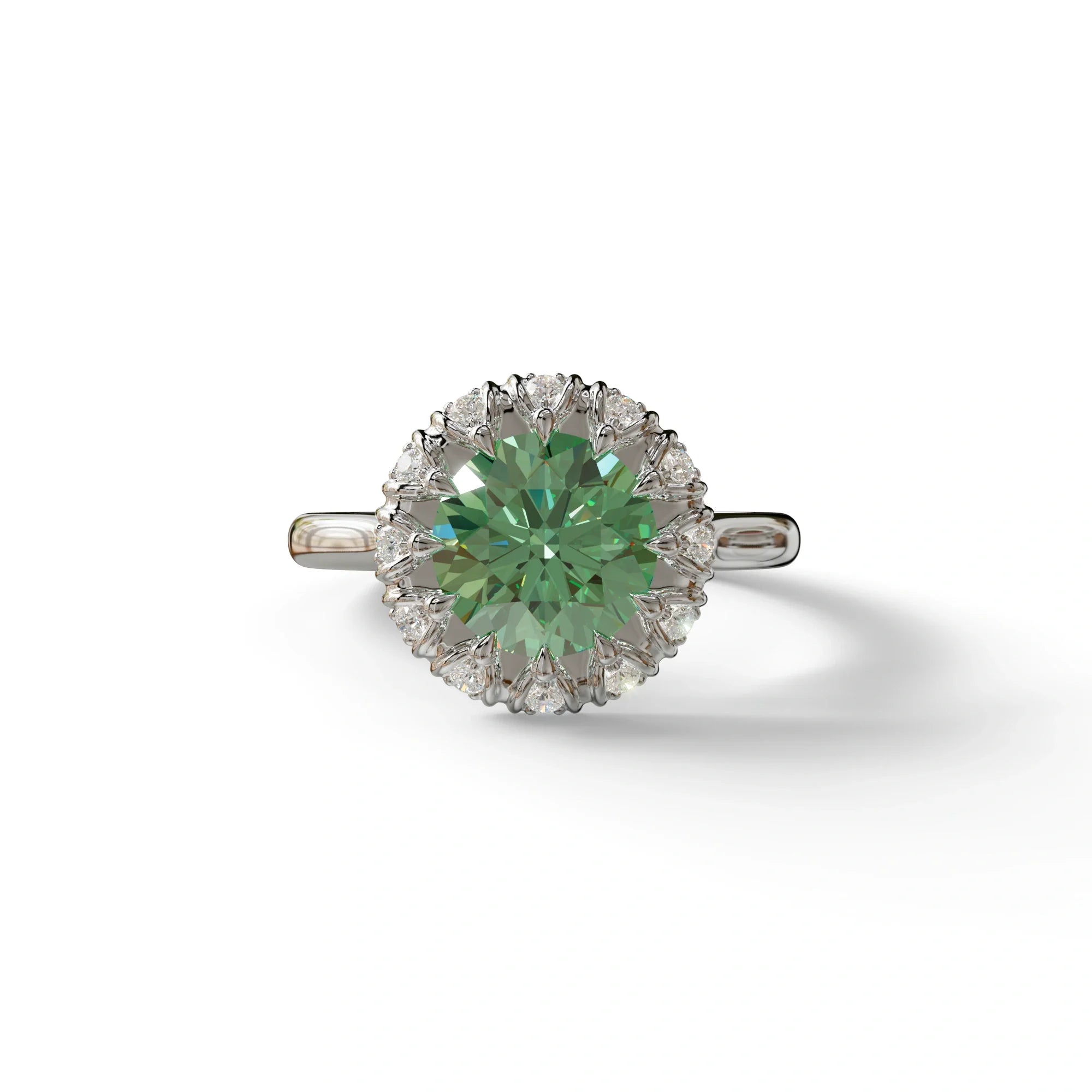 3 Carat Green Round Shaped Halo Lab Diamond Ring - Sunflower - 10K Solid Gold / White Gold