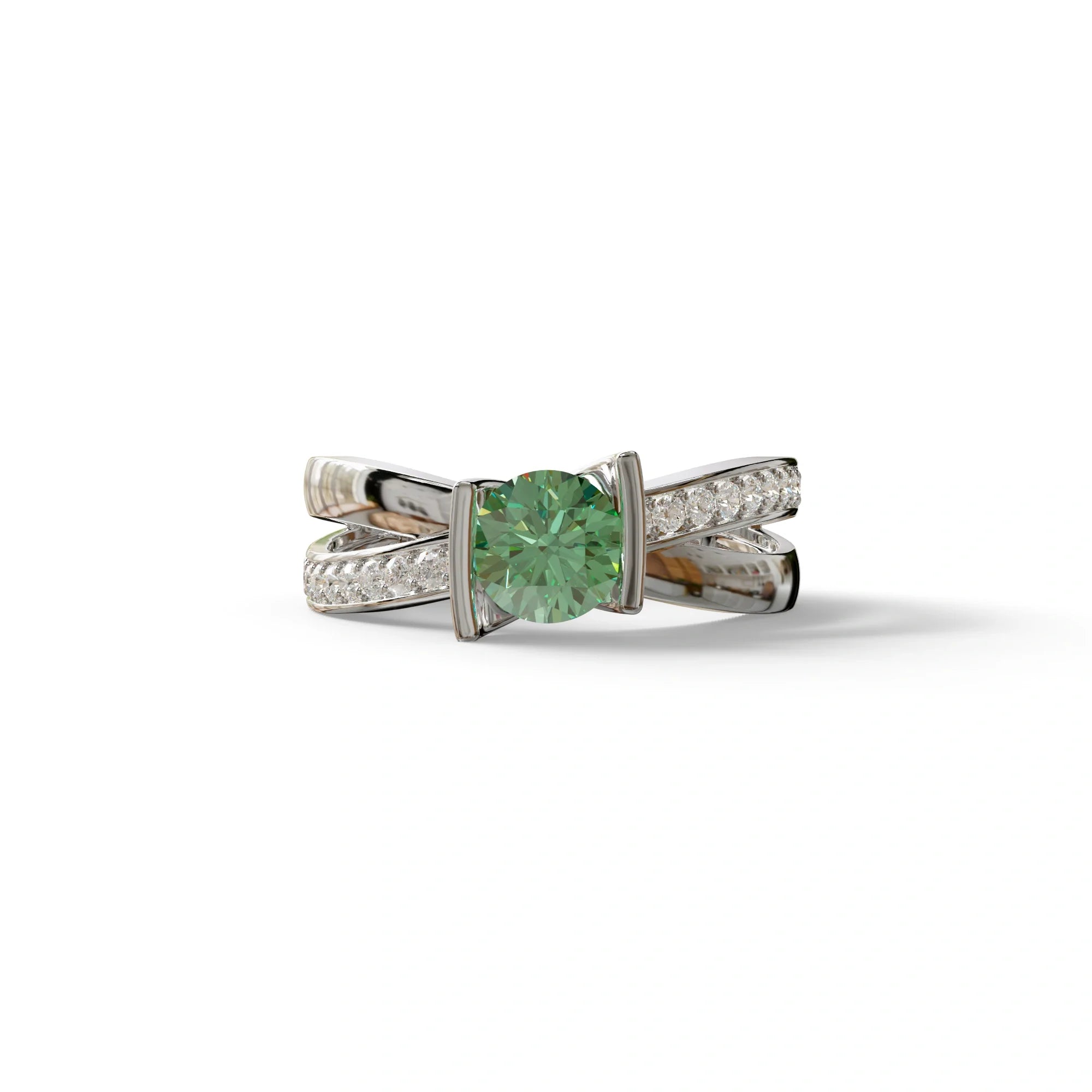 1 Carat Green Round Cut Lab Diamond Crossover Ring Pave Setting - Lisa - 10K Solid Gold / White Gold