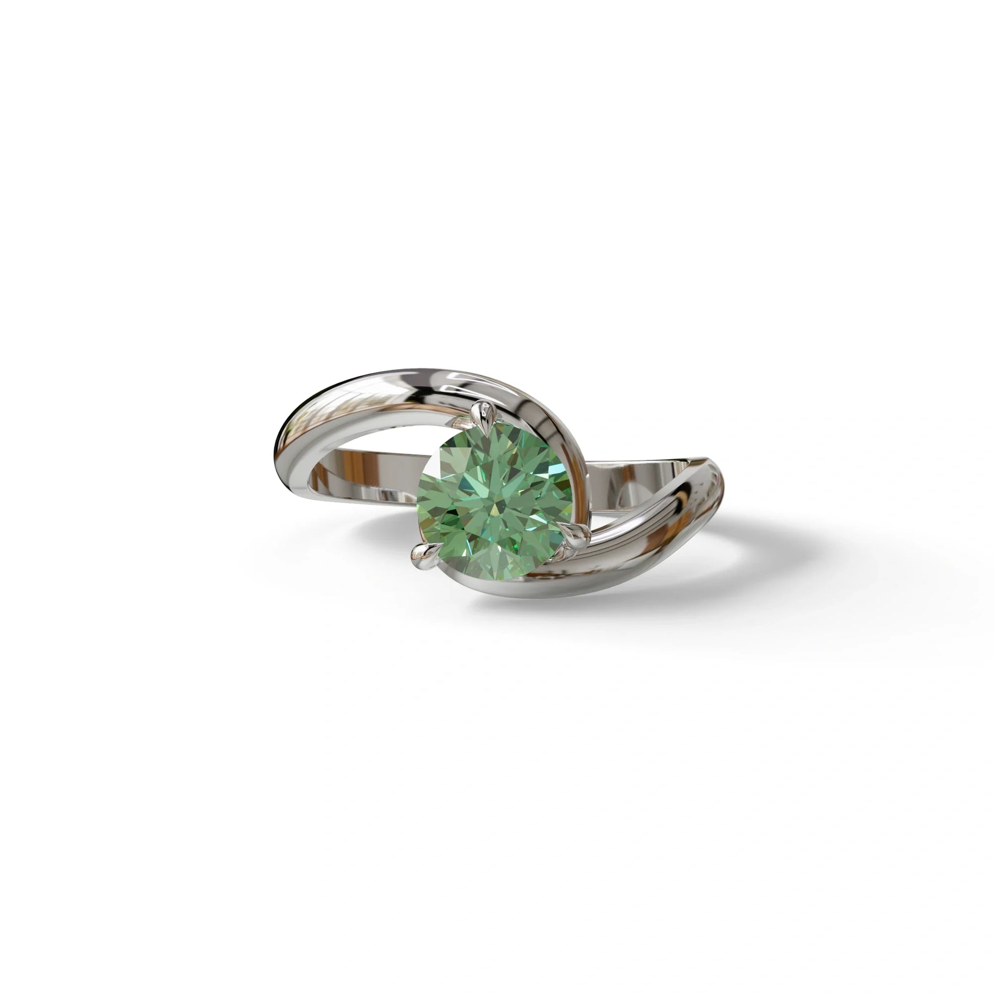 1.5 Carat Green Round Cut Solitaire Lab Diamond Ring - Tauras - 10K Solid Gold / White Gold