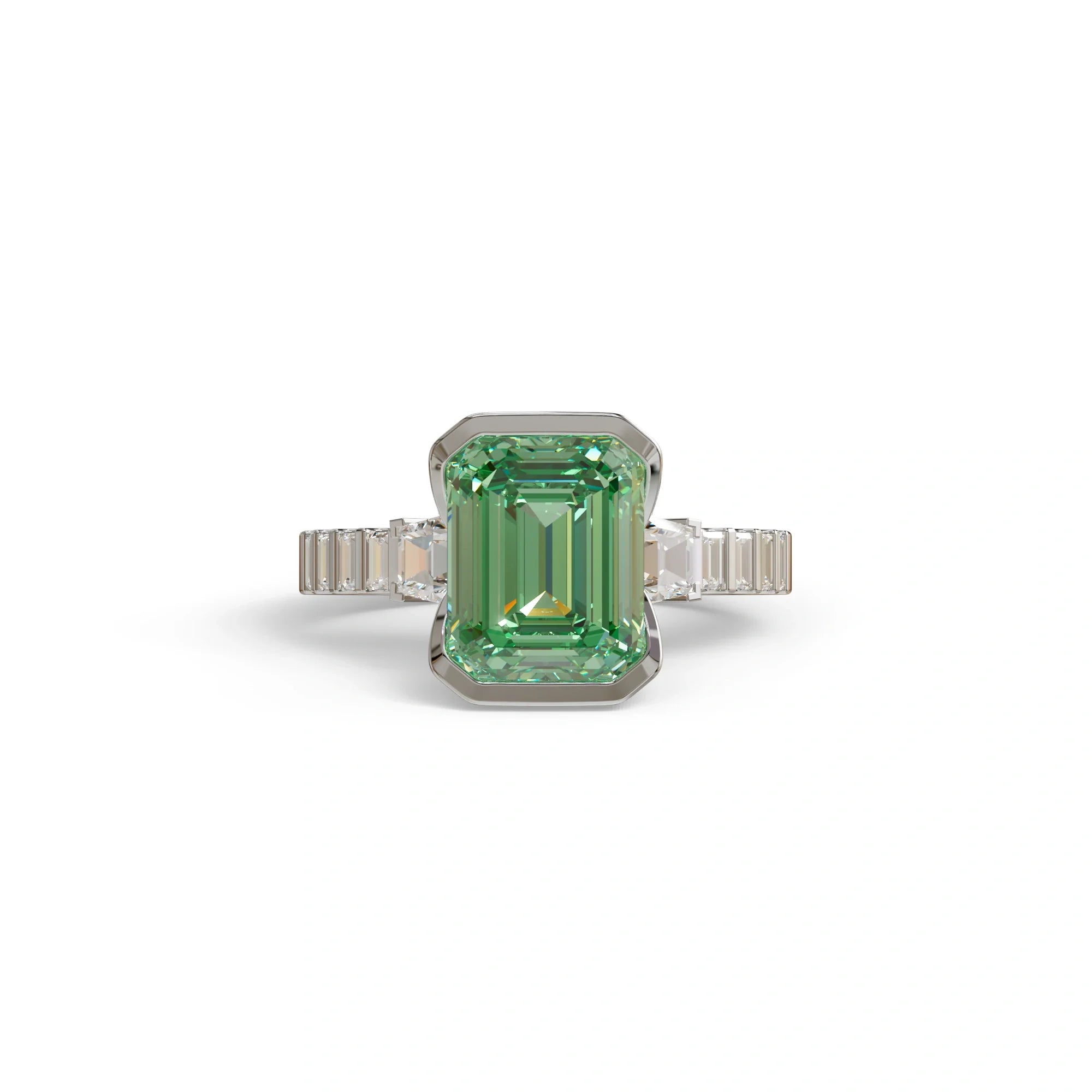 3 Carat Green Color Emerald Cut Three Stone Lab Diamond Engagement Ring | Bezel Set Ring - Gatsby - 10K Solid Gold