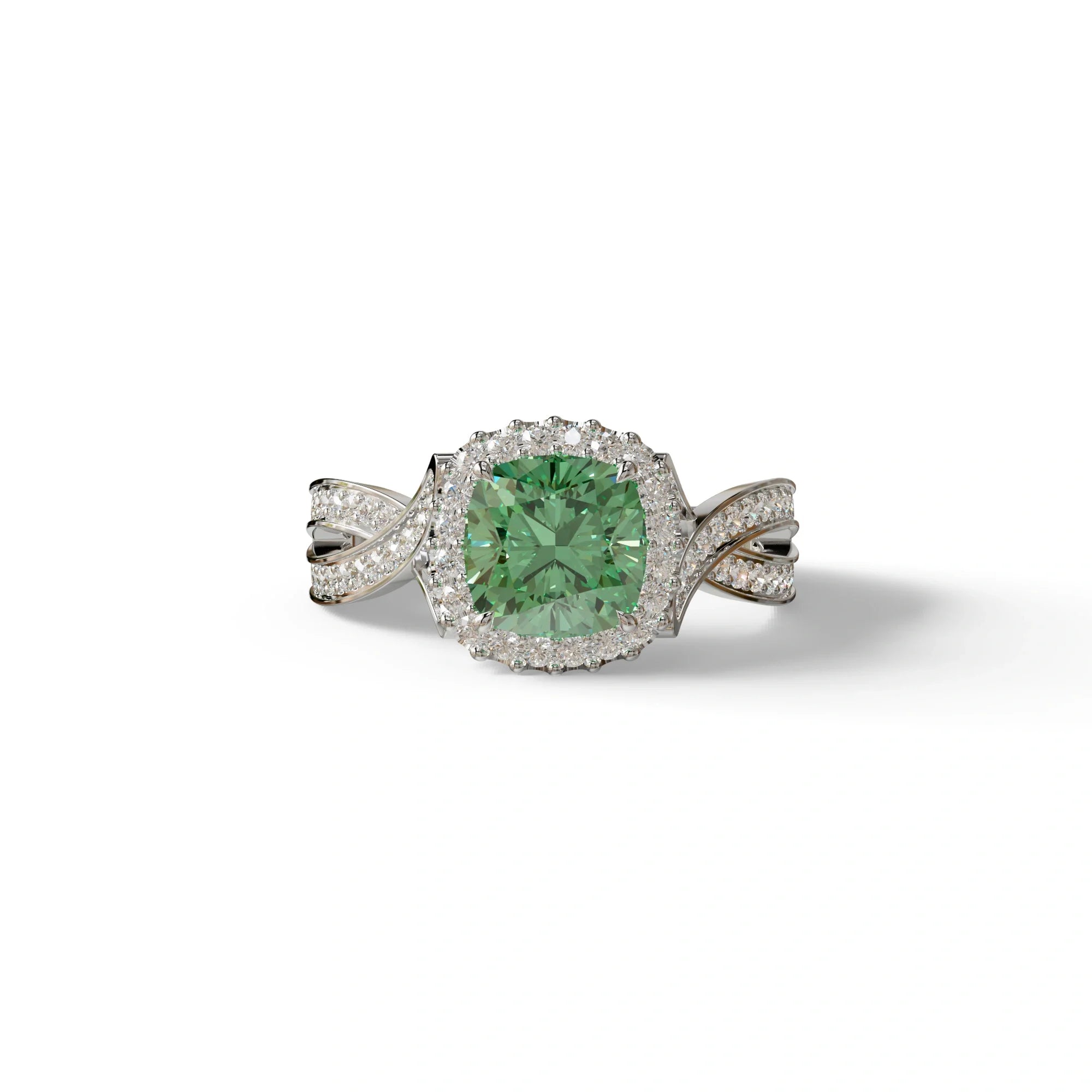 3 Carat Green Cushion Cut Lab Grown Halo Diamond Engagement Ring - Odessa - 10K Solid Gold / White Gold