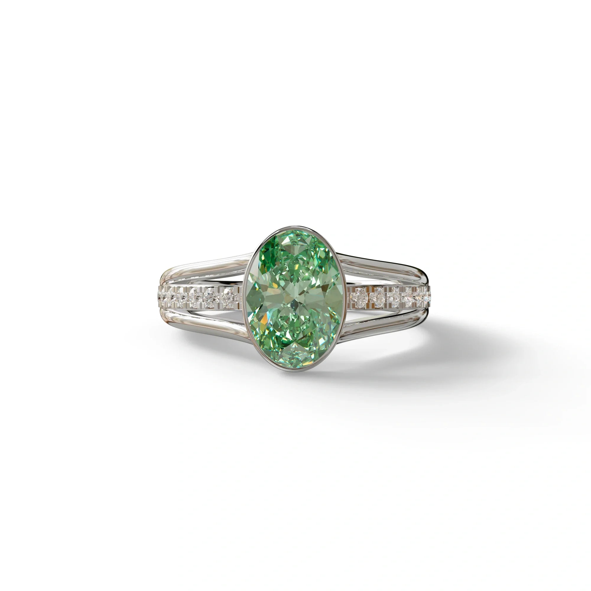 3 Carat Fancy Vivid Green Oval Cut Lab Grown Diamond Engagement Ring - Prisma - 10K Solid Gold / White Gold