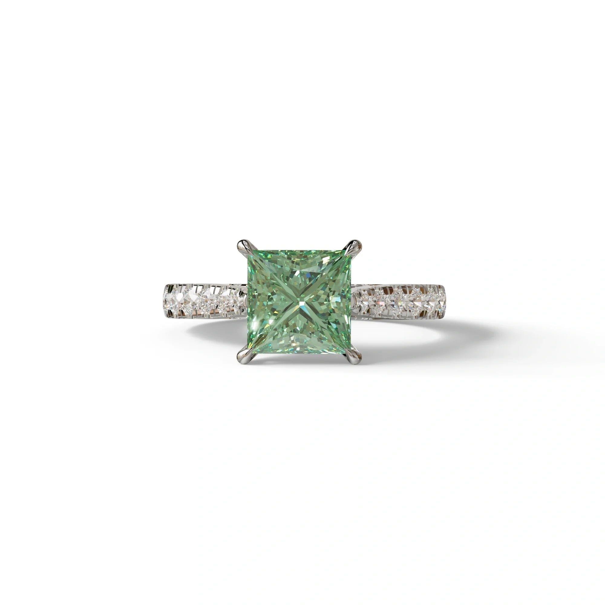 2.5 Carat Green Princess Cut Hidden Halo & Pave Lab Diamond Ring - Aries - 10K Solid Gold / White Gold