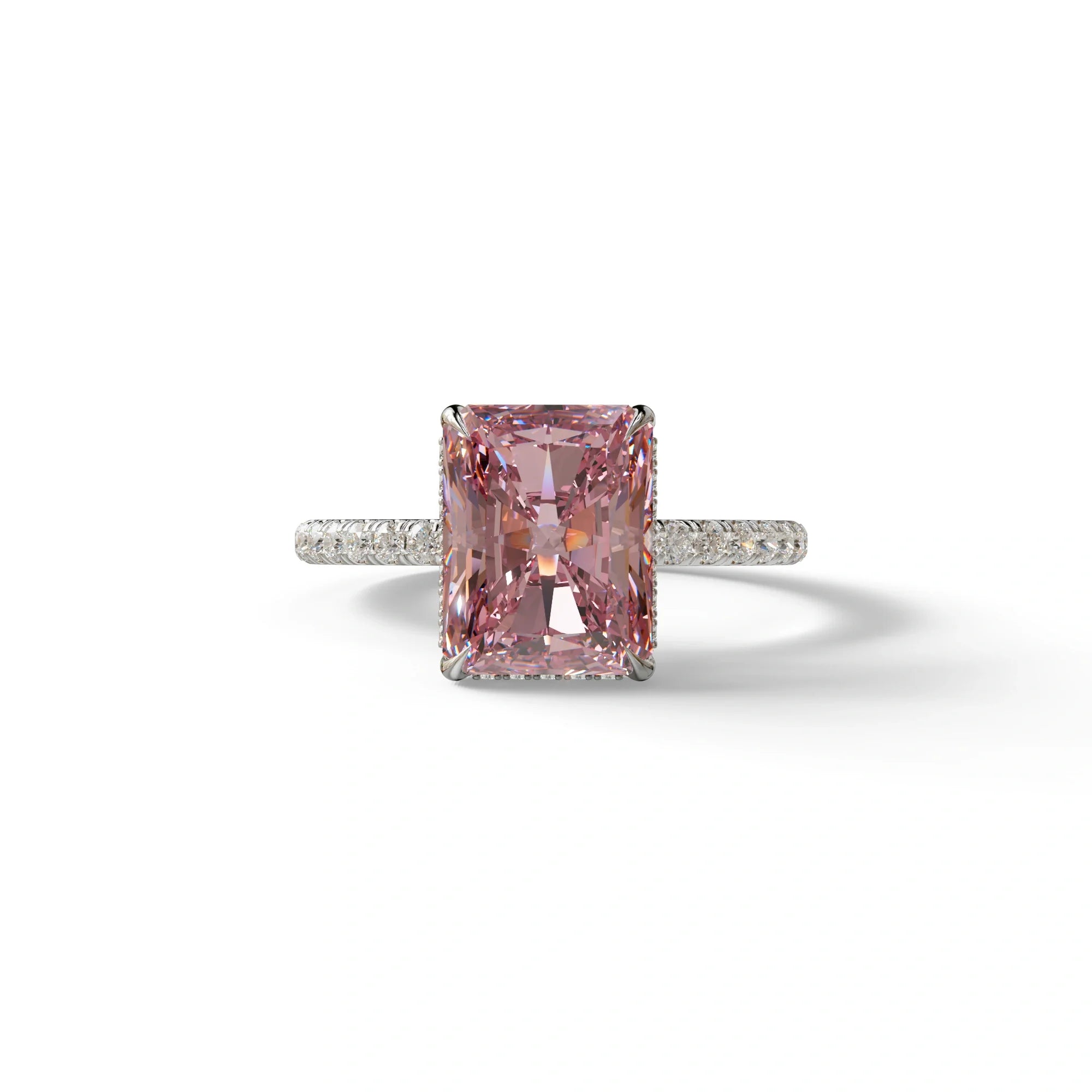 3 Ct Radiant Cut Pink Color Lab Diamond Ring - Monica - 10K Solid Gold / White Gold