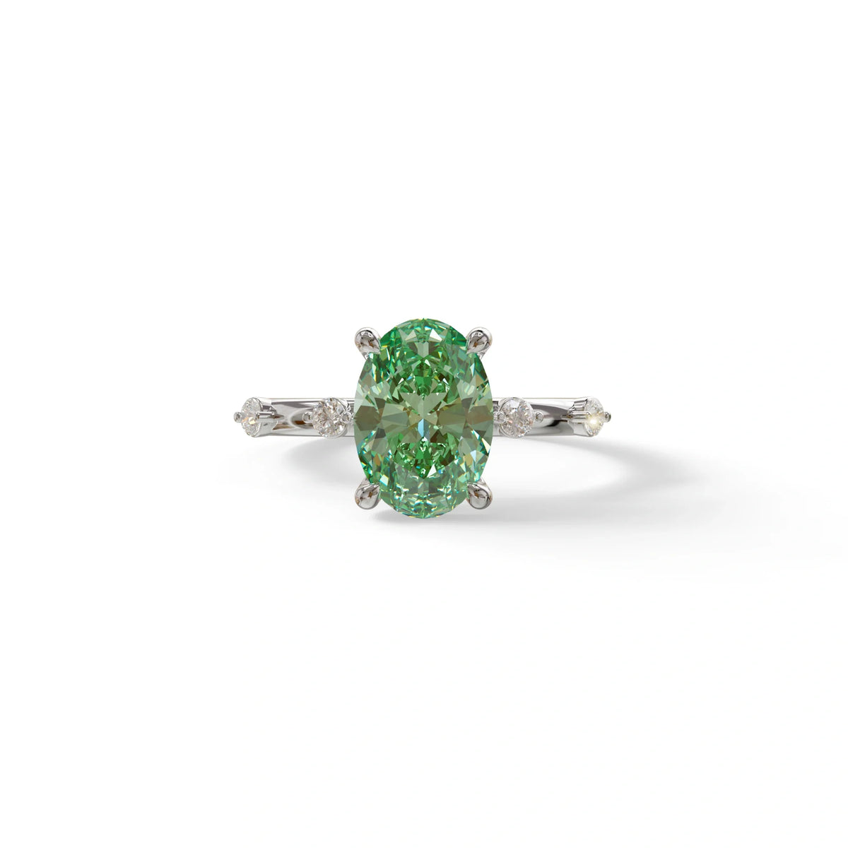 2 Ct Green Oval Cut Lab Diamond In Space-Chanel Setting Ring - Celestial - 10K Solid Gold / White Gold