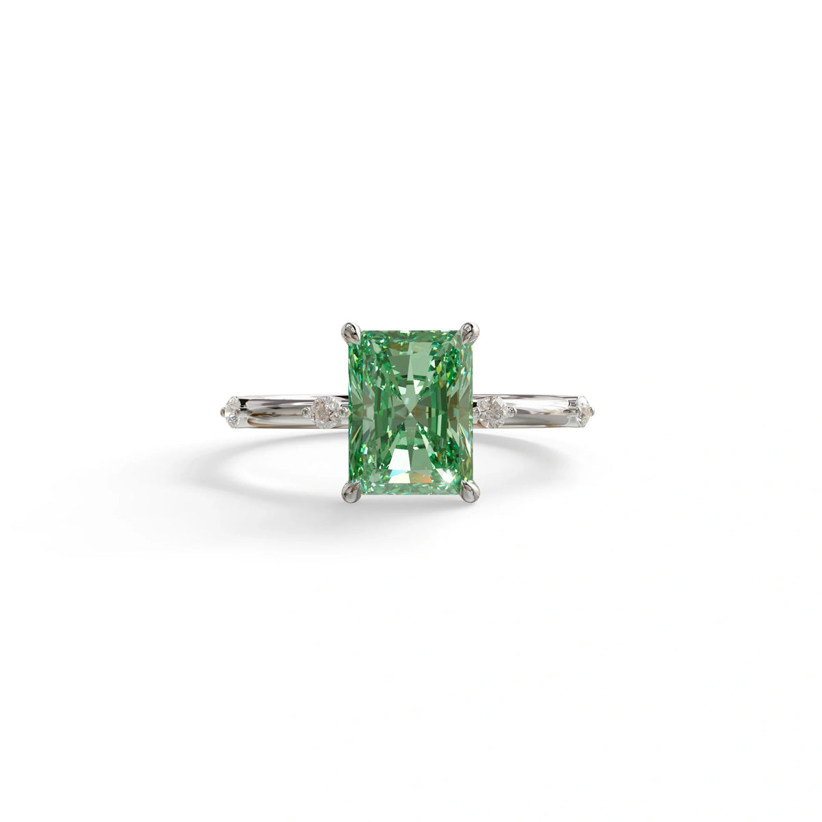 2 Ct Fancy Vivid Green Radiant Cut Lab Grown Diamond Engagement Ring | Space-Chanel Setting - Elaria - 10K Solid Gold
