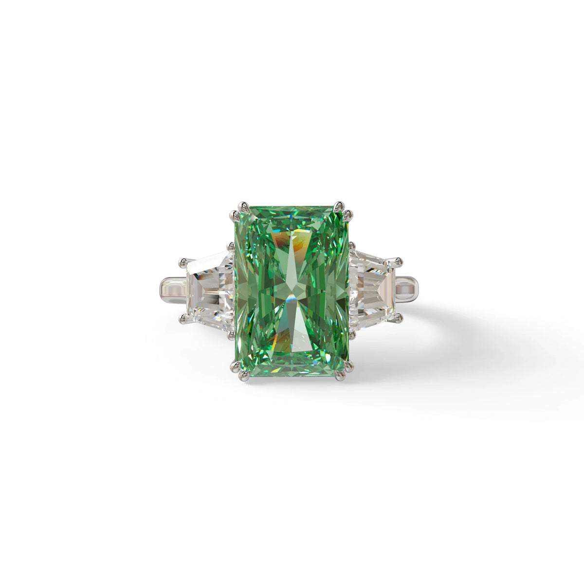 4 Carat Green Lab Grown Diamond Engagement Ring – Radiant Cut Three Stone | Taco