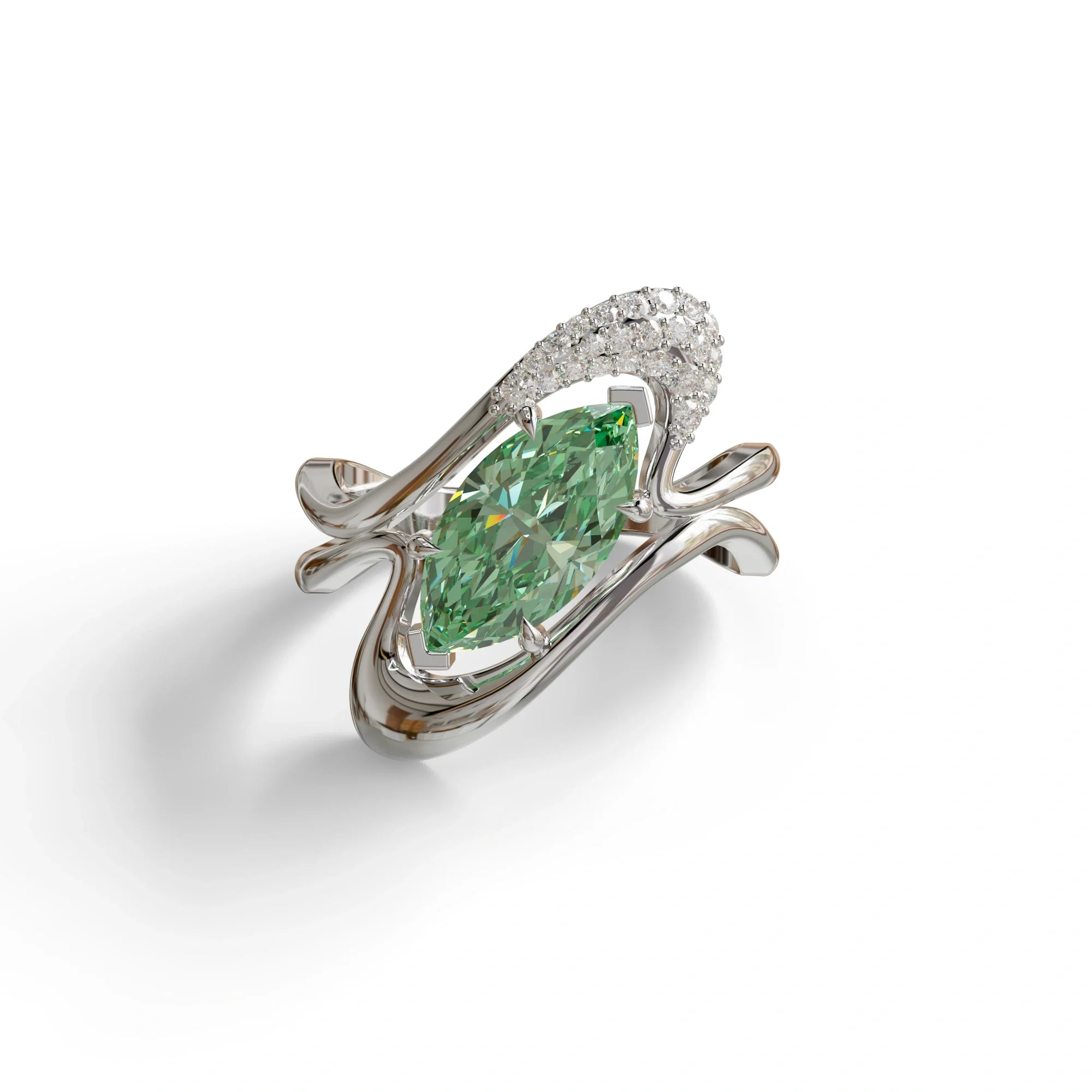 3 Carat Marquise Cut Green Lab Grown Diamond Curve Ring - Myka - 10K Solid Gold / White Gold