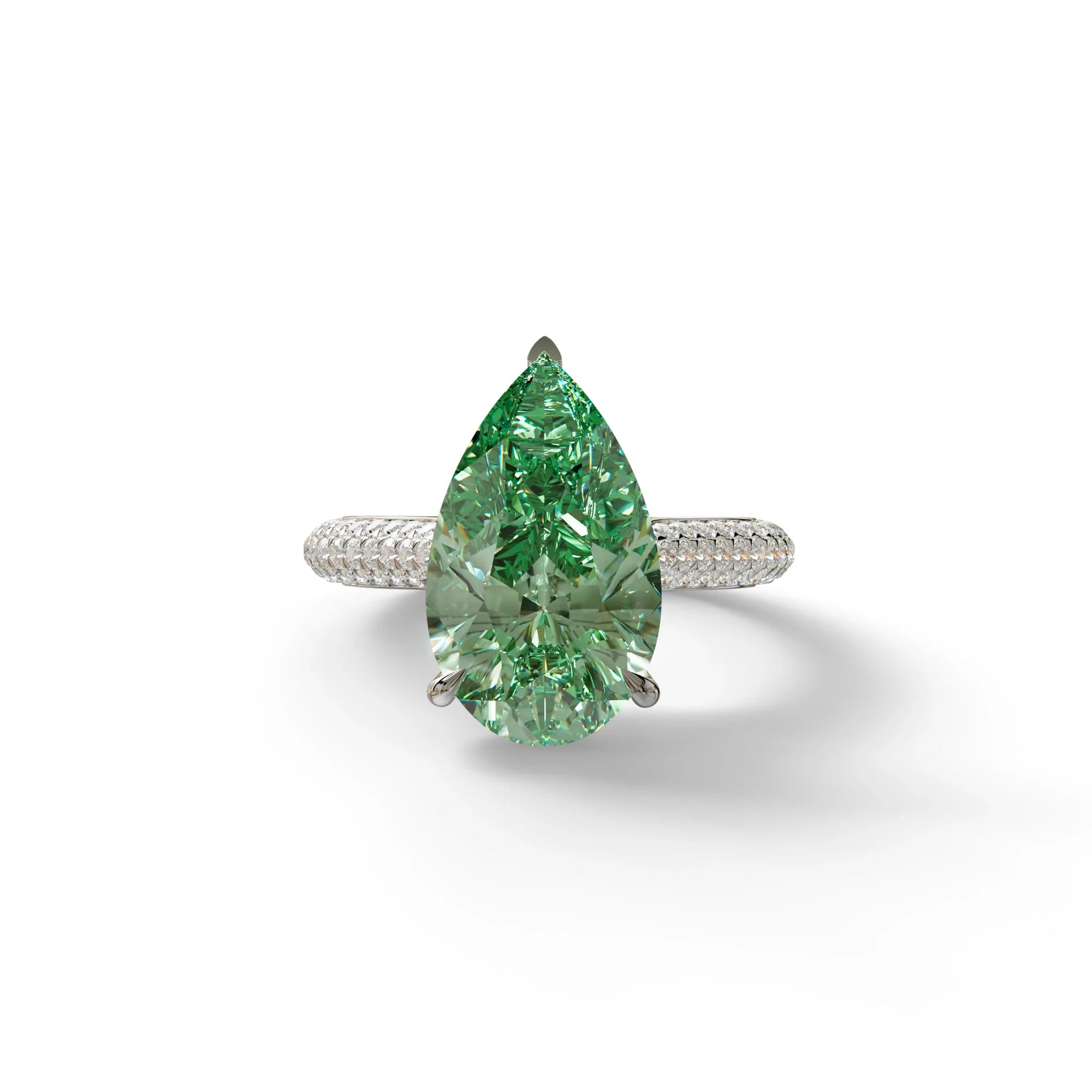 3 Carat Green Pear Shaped Hidden Halo Lab Diamond Engagement Ring - Alina - 10K Solid Gold / White Gold