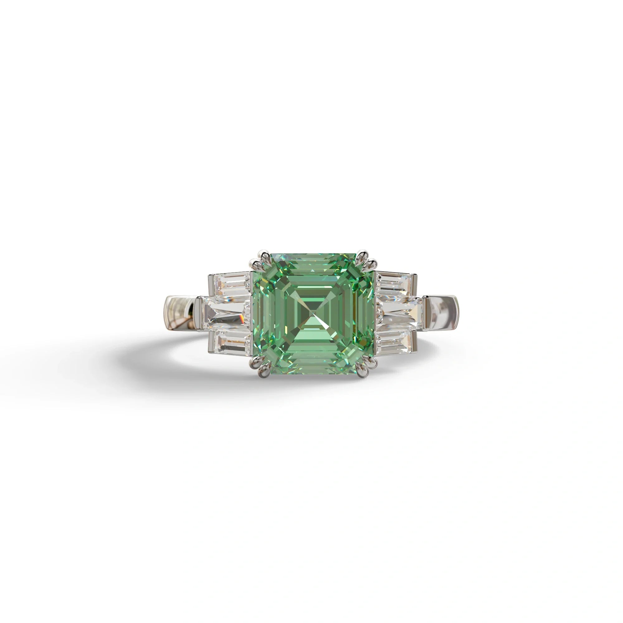3 Ct Green Asscher Cut Lab Diamond Double Claw Prong Setting - Celestial - 10K Solid Gold / White Gold