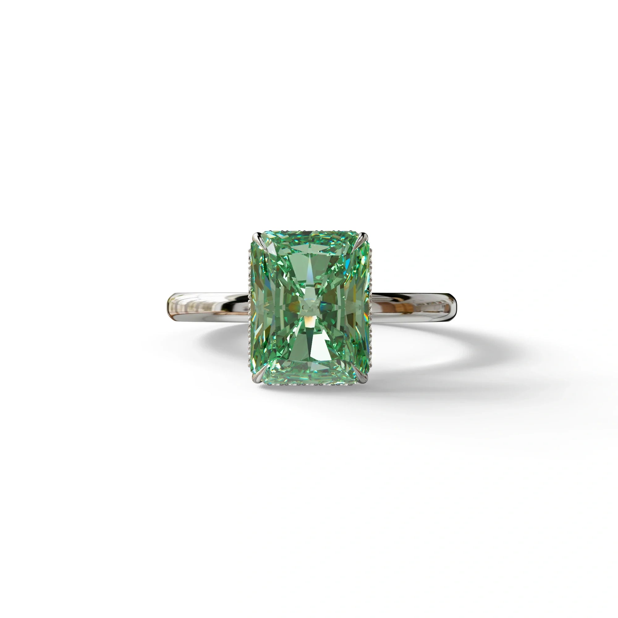 3 Carat Fancy Green Radiant Cut Hidden Halo Lab Grown Diamond Engagement Ring - 10K Solid Gold / White Gold