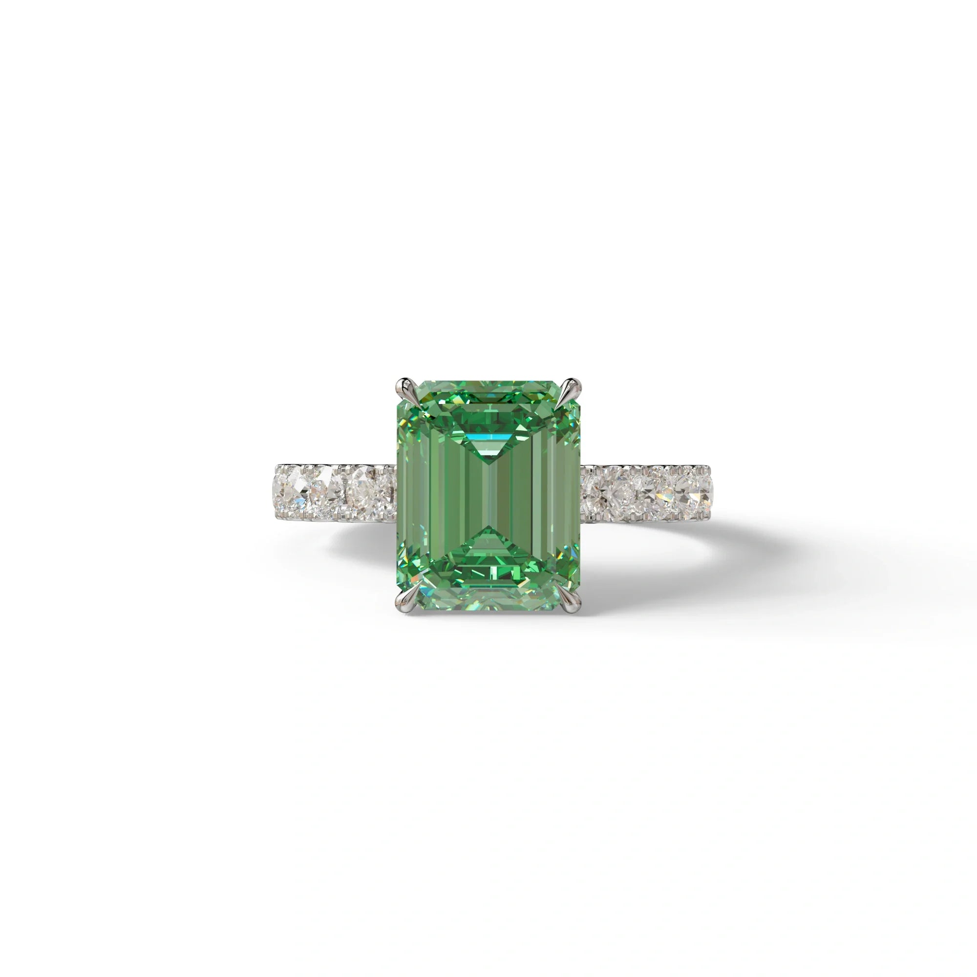 3 Carat Green Emerald Cut Hidden Halo Lab Diamond Engagement Ring - Luminary - 10K Solid Gold / White Gold