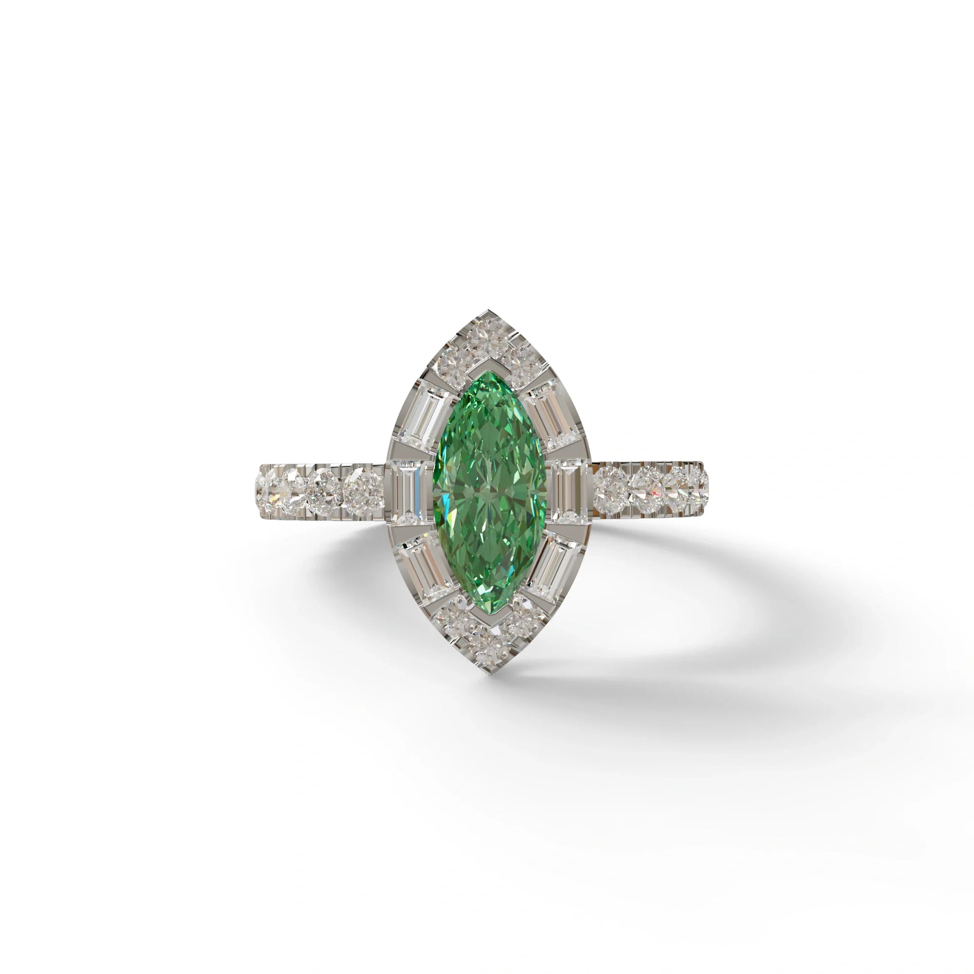 1 Carat Green Marquise Halo Pave Lab Grown Diamond Ring - Luxe - 10K Solid Gold / White Gold