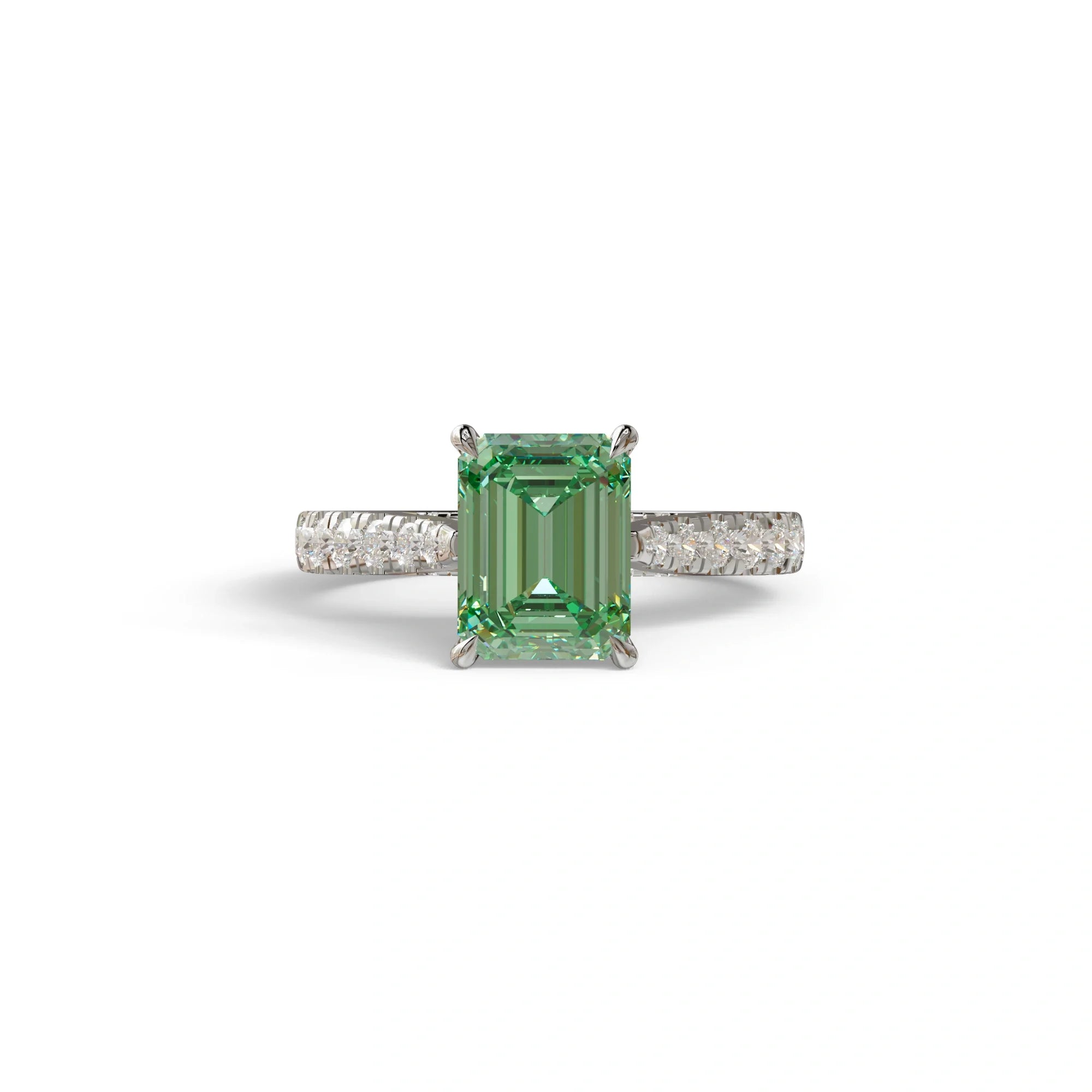 2 Carat Green Emerald Cut Hidden Halo & Pave Lab Diamond Ring - Siara - 10K Solid Gold / White Gold