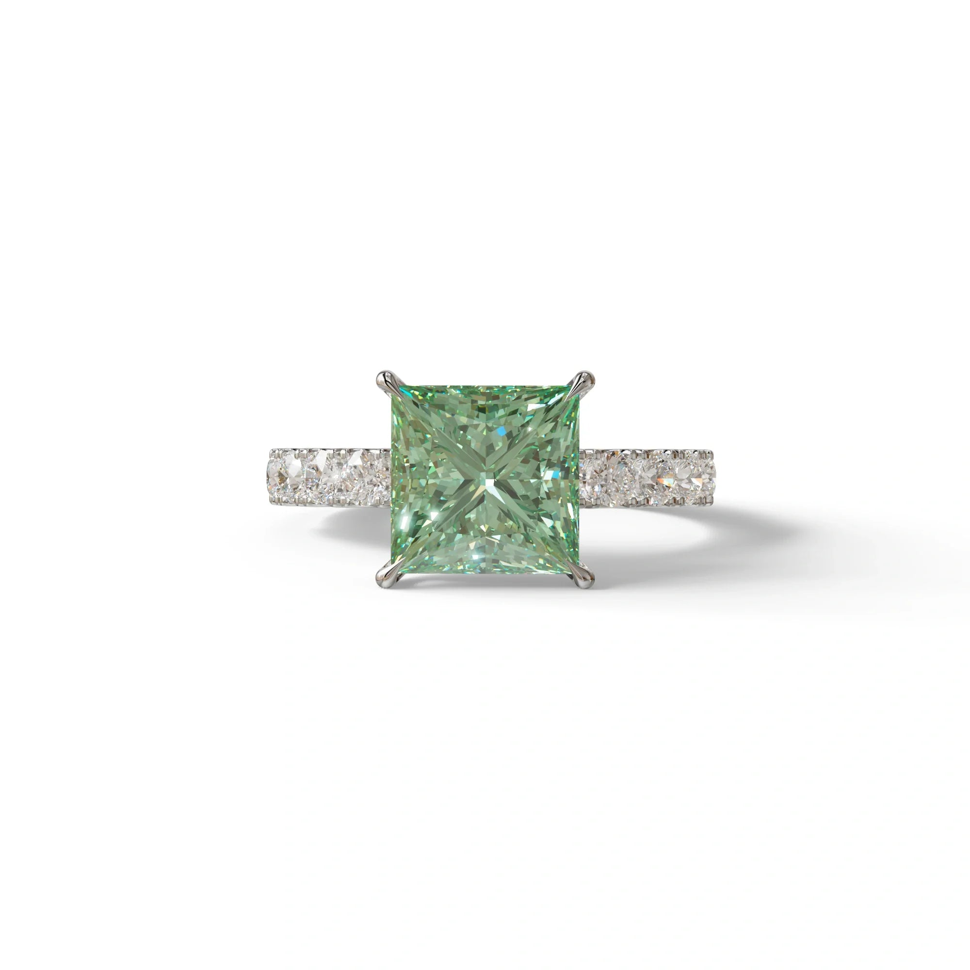 3 Carat Green Princess Cut Pave Lab Created Diamond Ring - Elysia - 14K Solid Gold / Yellow Gold