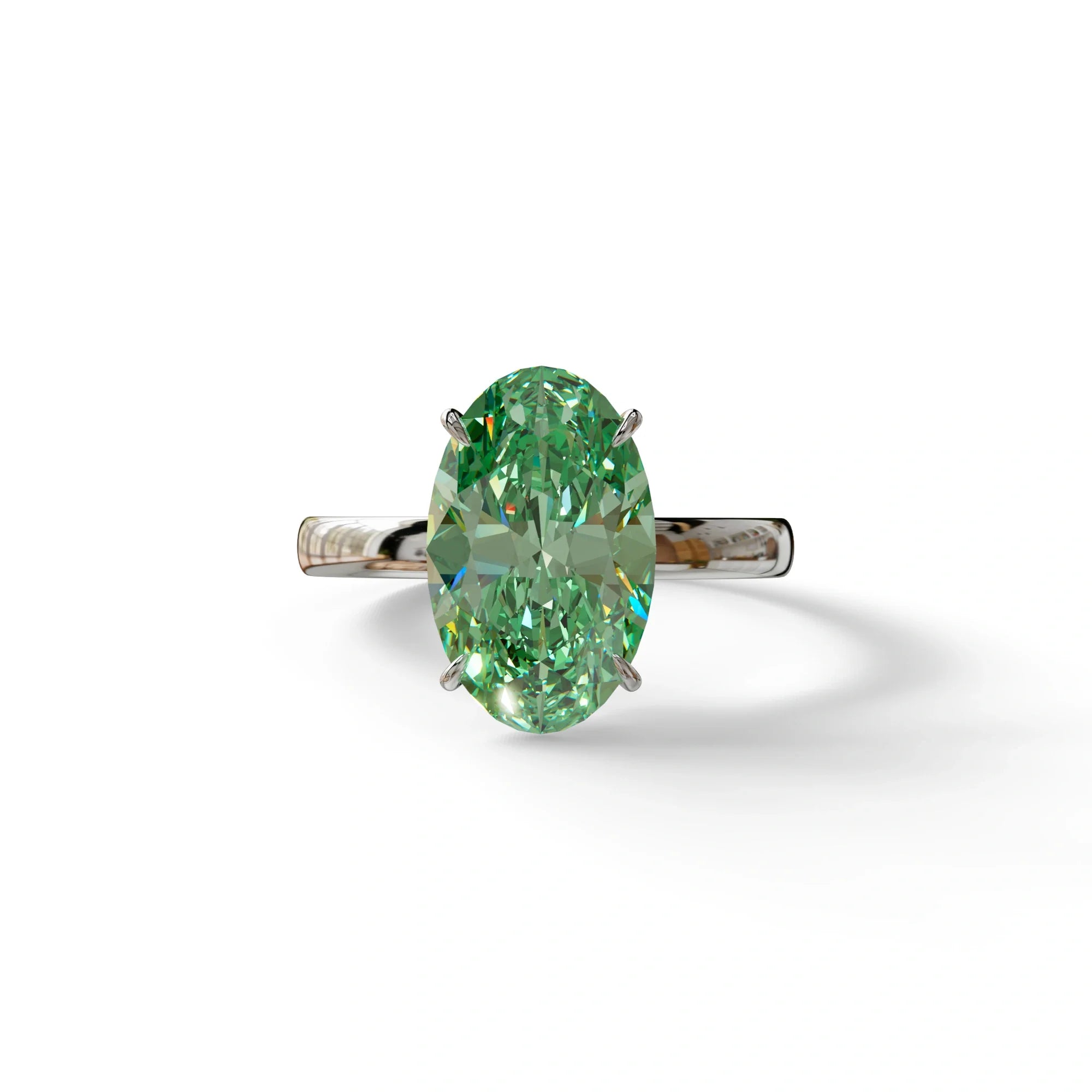 4 Carat Oval Green Lab Grown Diamond Solitaire Engagement Ring - Cadris - 10K Solid Gold / White Gold