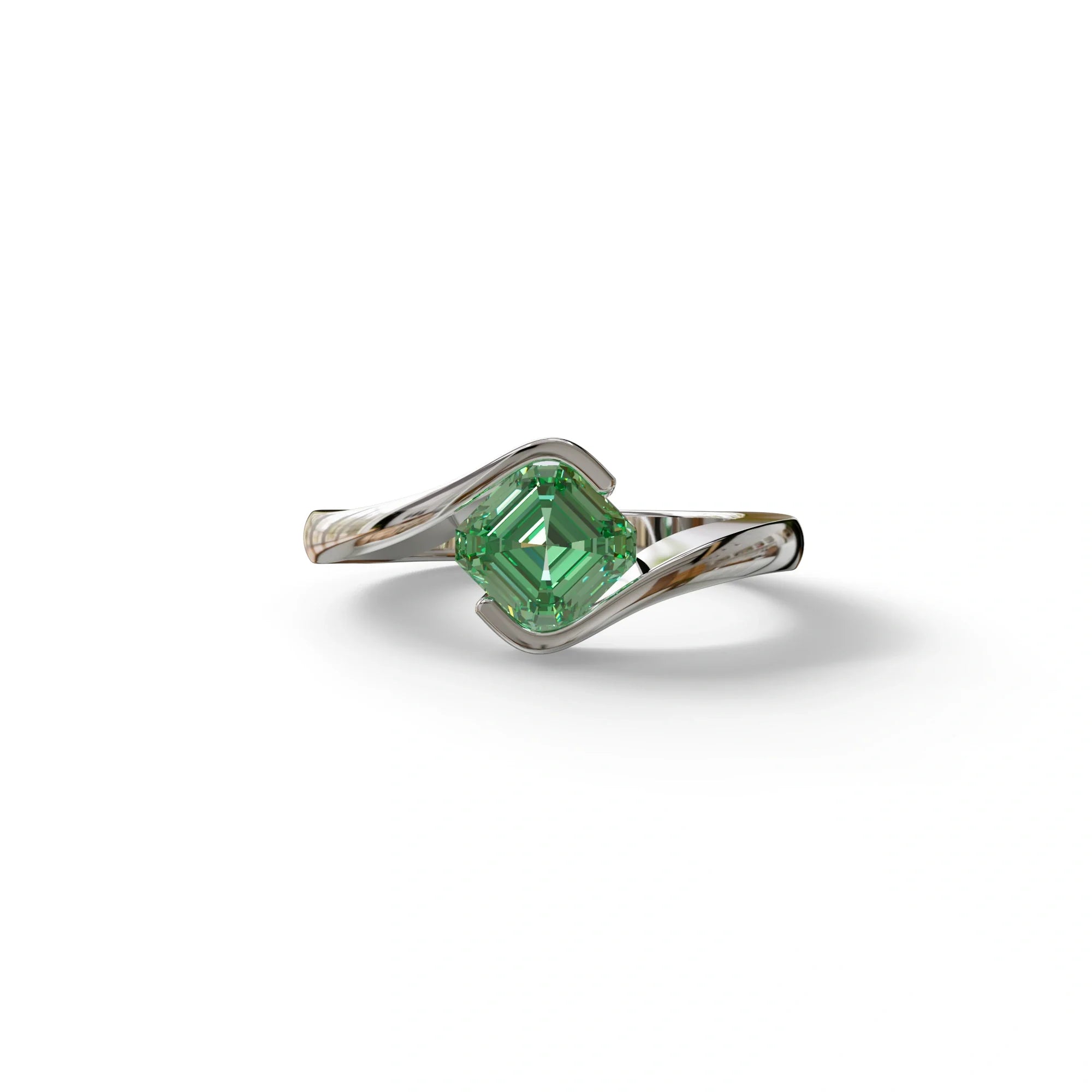 1.5 Carat Green Asscher Cut Half Bezel Lab Grown Diamond Ring - Aquarius - 10K Solid Gold / White Gold