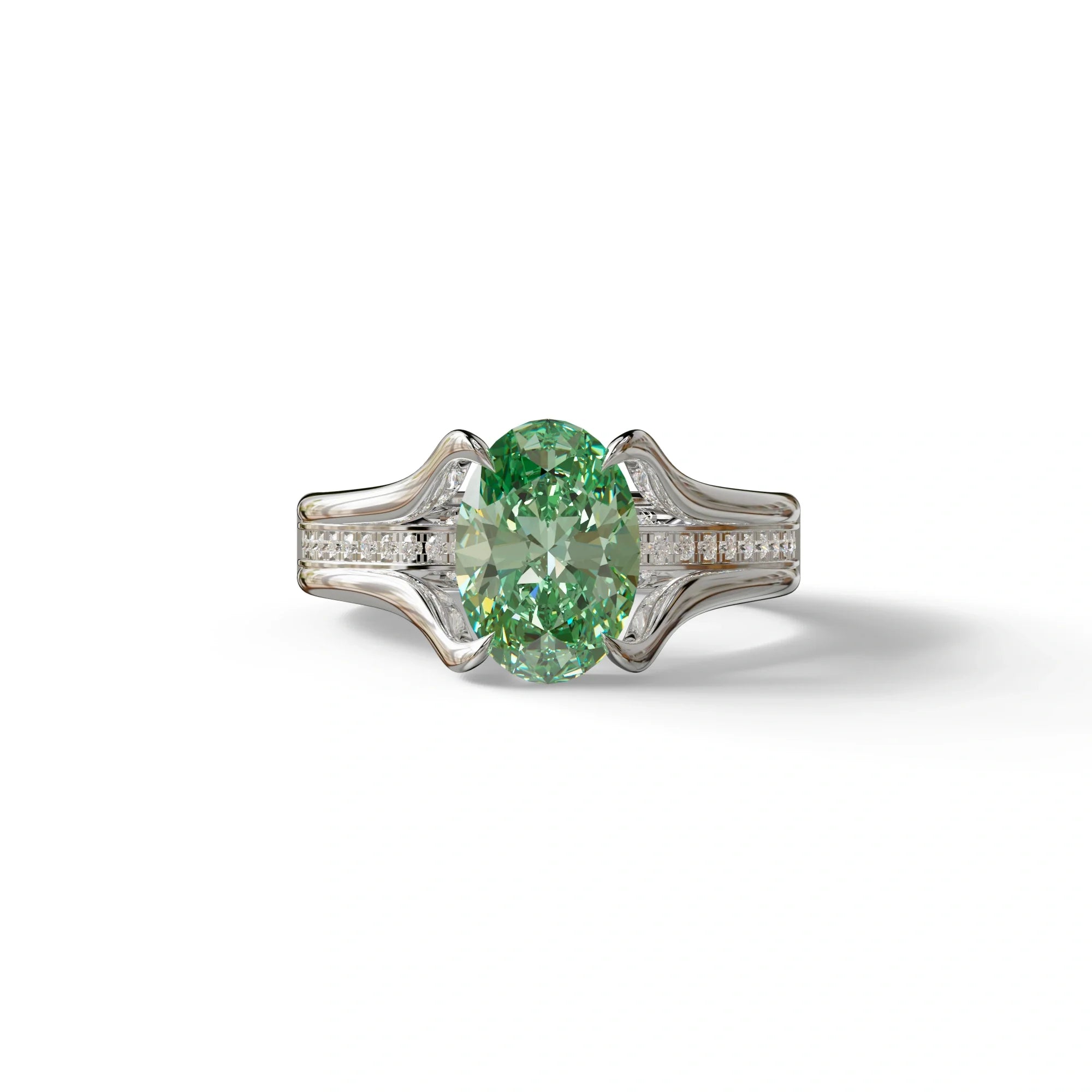 3 carat Fancy Vivid Green Oval Cut Lab Grown Diamond Pave set Engagement Ring– Beverly - 10K Solid Gold / White Gold