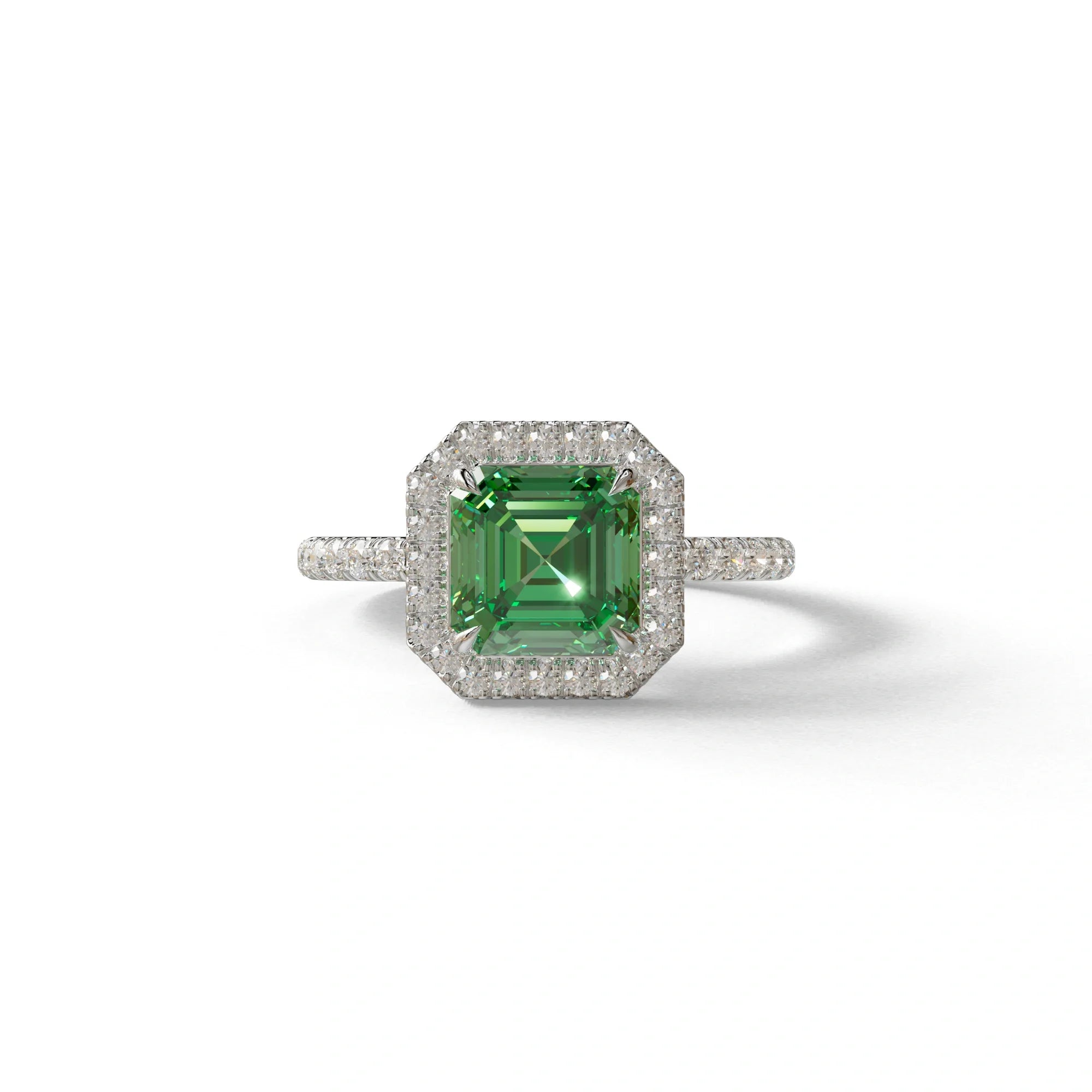 3.5 Ct Green Asscher Cut Lab Diamond In Halo & Pave Setting Ring - Up Glam - 10K Solid Gold / White Gold