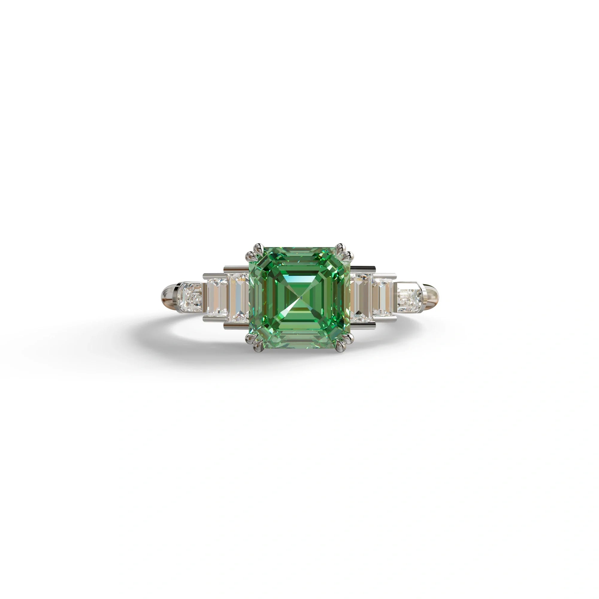3 Carat Green Asscher Three Stone Lab grown Diamond Ring - Vetra - 10K Solid Gold / White Gold