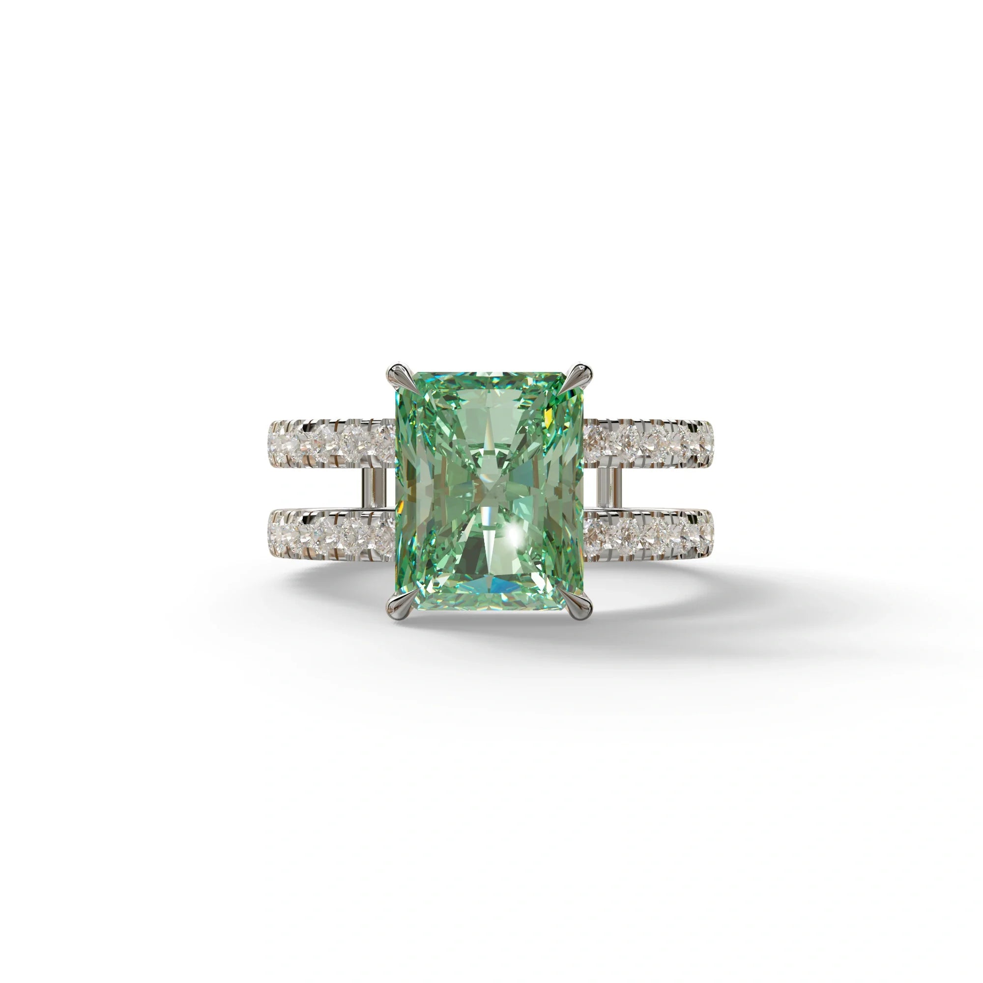 Green Color Radiant Cut Lab Diamond Engagement Ring | Double Band Hidden Halo - Billie - 10K Solid Gold / White Gold