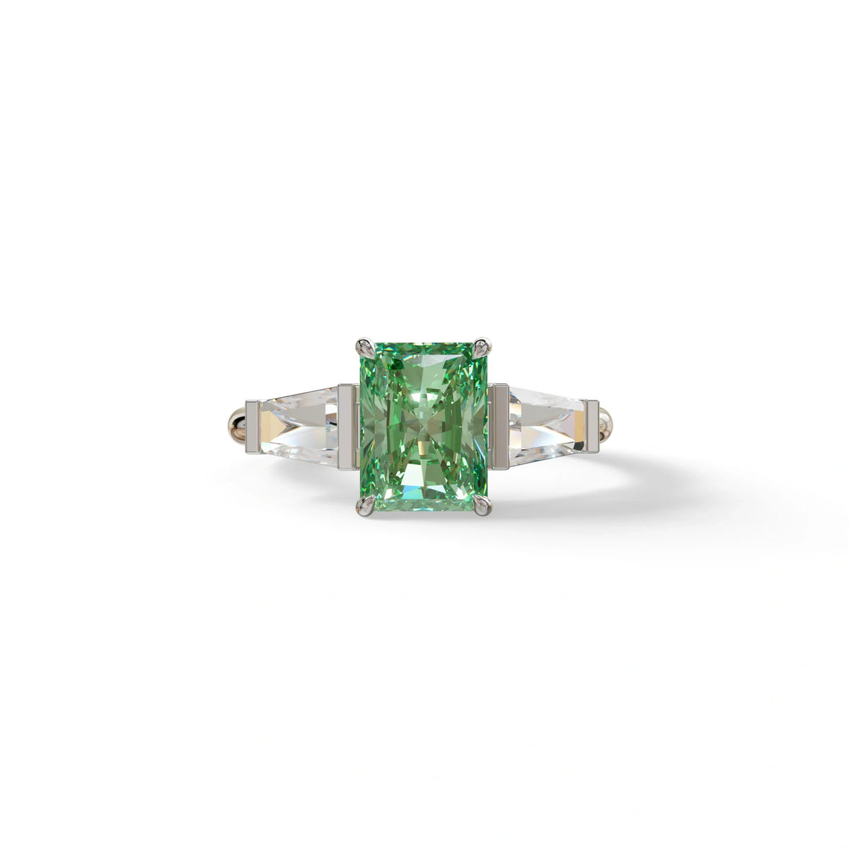 3Ct Green Radiant & Tapered Cut Lab Grown Diamond Three Stone Engagement Ring - Yana - 10K Solid Gold / White Gold