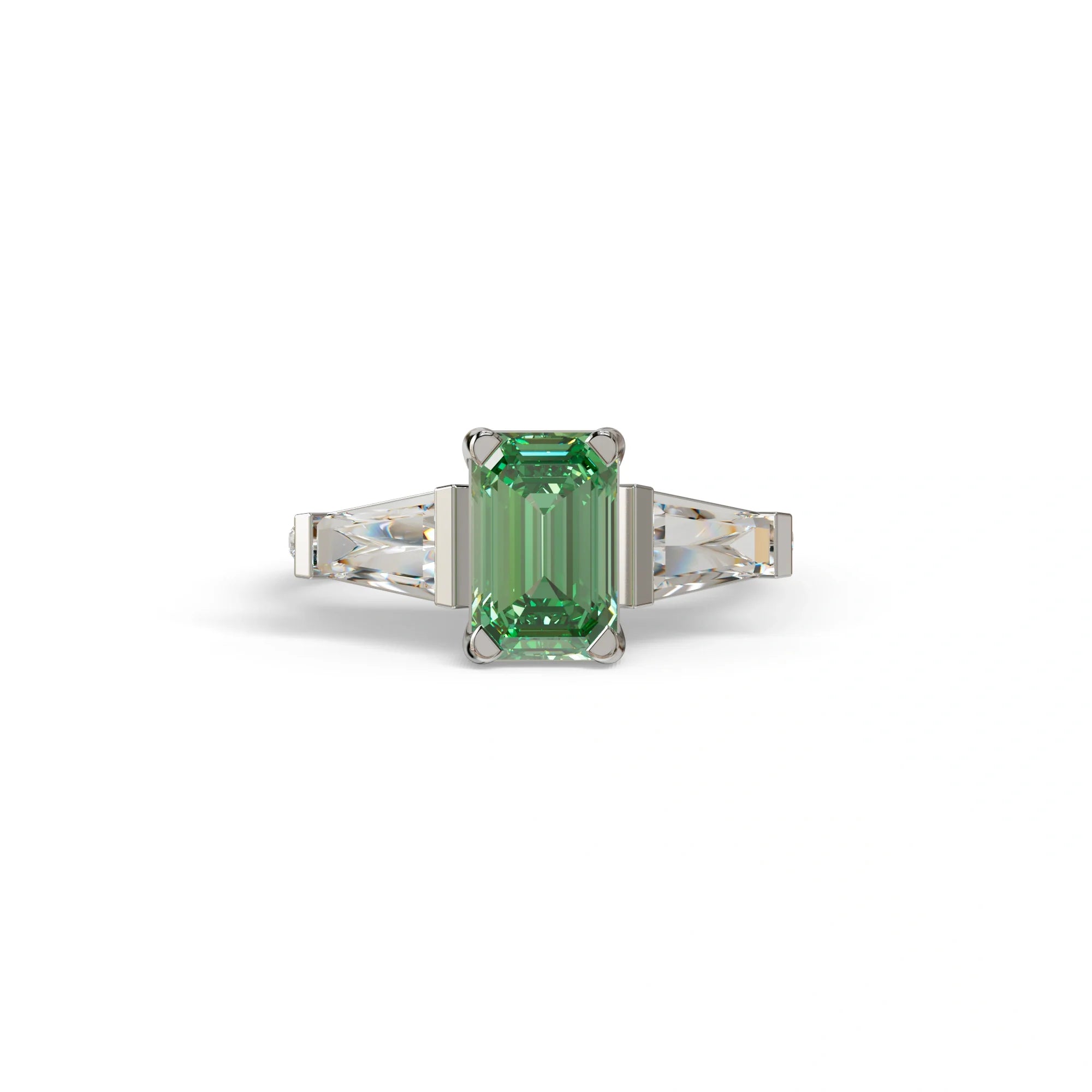 1.50 Carat Green Emerald with Tapered Cut Lab Grown Diamond Ring - Libra - 10K Solid Gold / White Gold