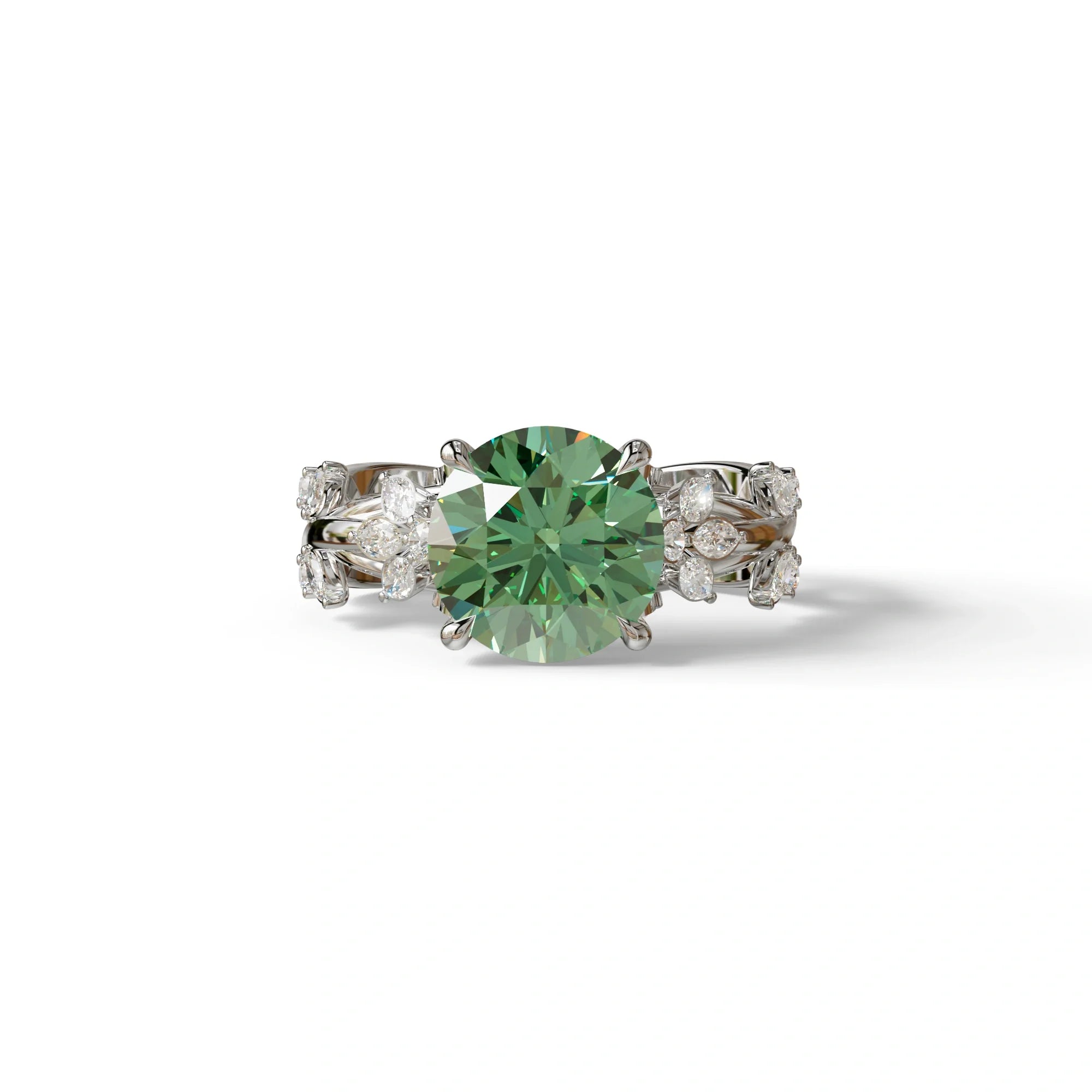 Natural inspired 3 Carat Green Round Cut Lab Diamond Engagement Ring - Catalina - 10K Solid Gold / White Gold