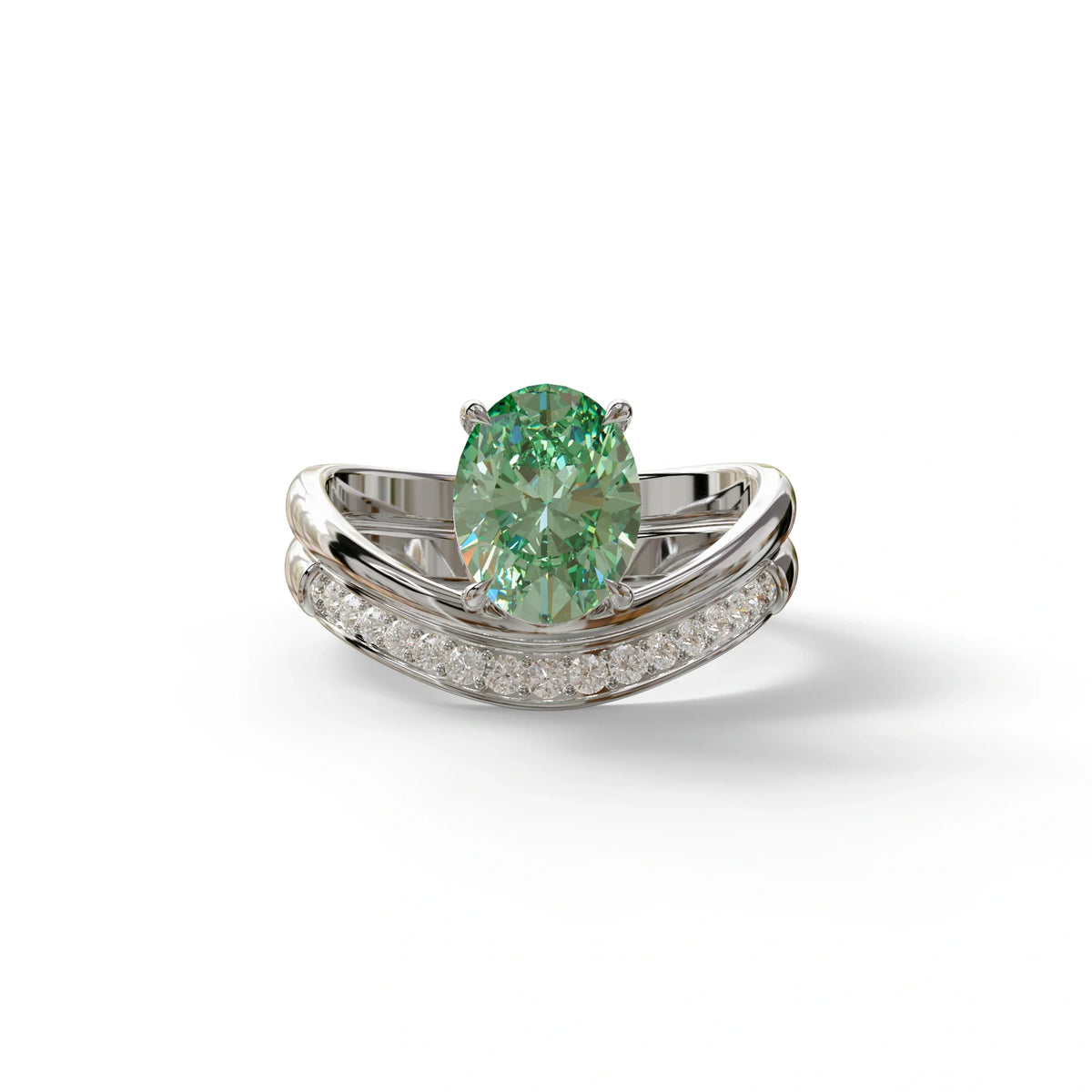 2 Carat Fancy Green Oval Cut Lab Grown Diamond Ring | Curve Setting - Brilliance - 10K Solid Gold / White Gold
