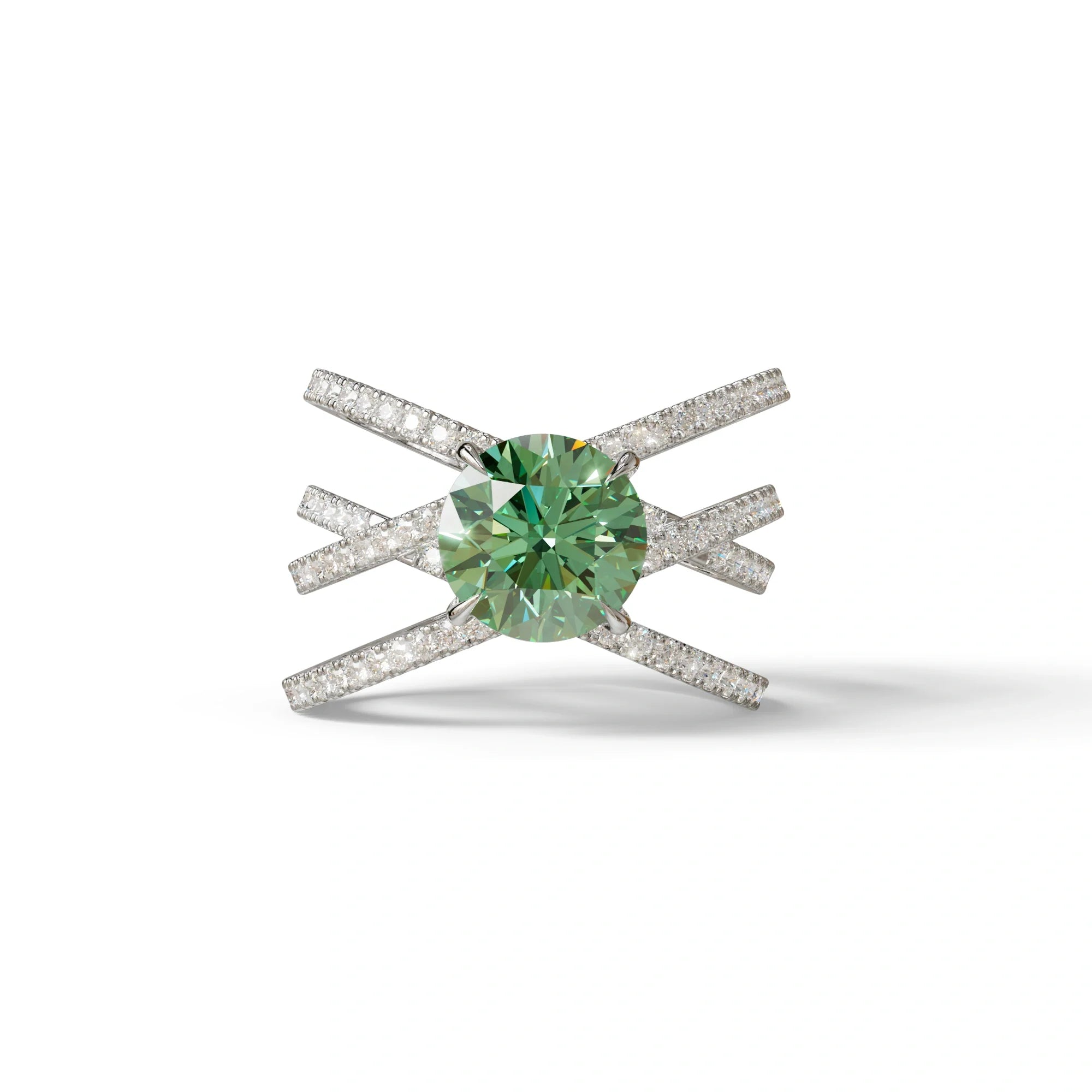 1.5 Carat Green Round Cut Criss Cross Lab Diamond Ring - Elegant - 10K Solid Gold / White Gold