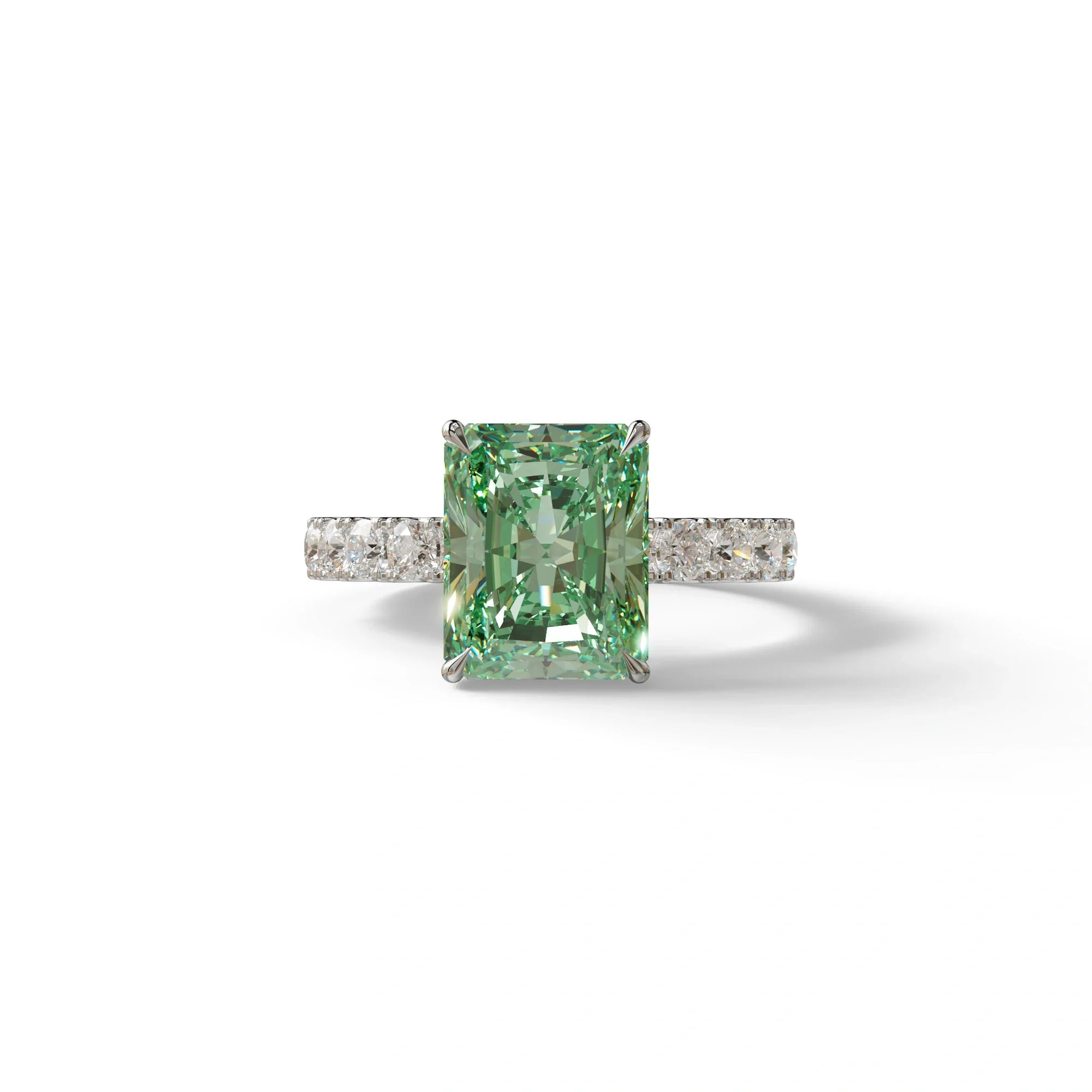3 Carat Green Radiant Cut Lab Diamond Hidden Halo Engagement Ring - Lace Bridge - 10K Solid Gold / White Gold