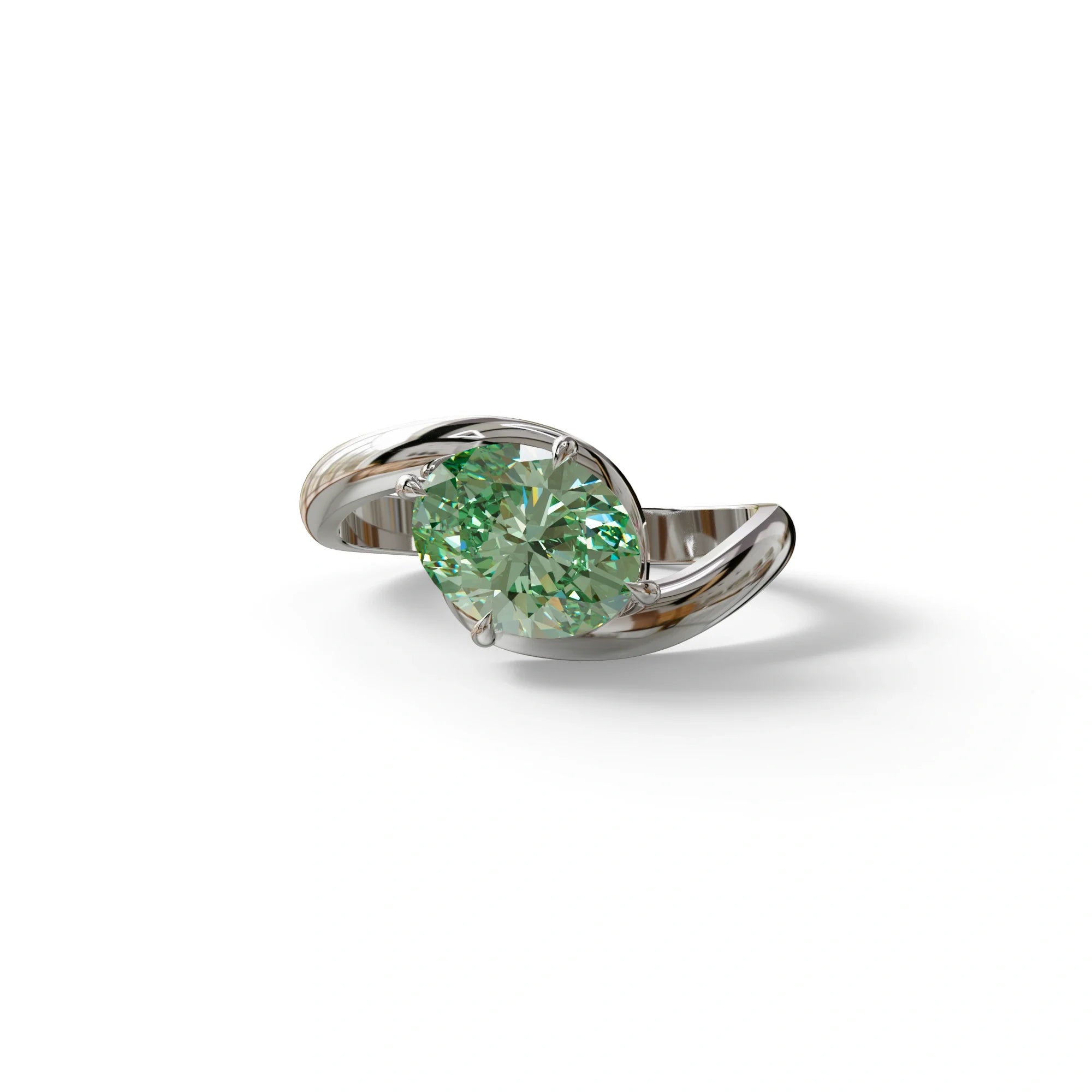 2 Carat Fancy Vivid Green Oval Cut Lab Diamond Ring - Estella - 10K Solid Gold / White Gold