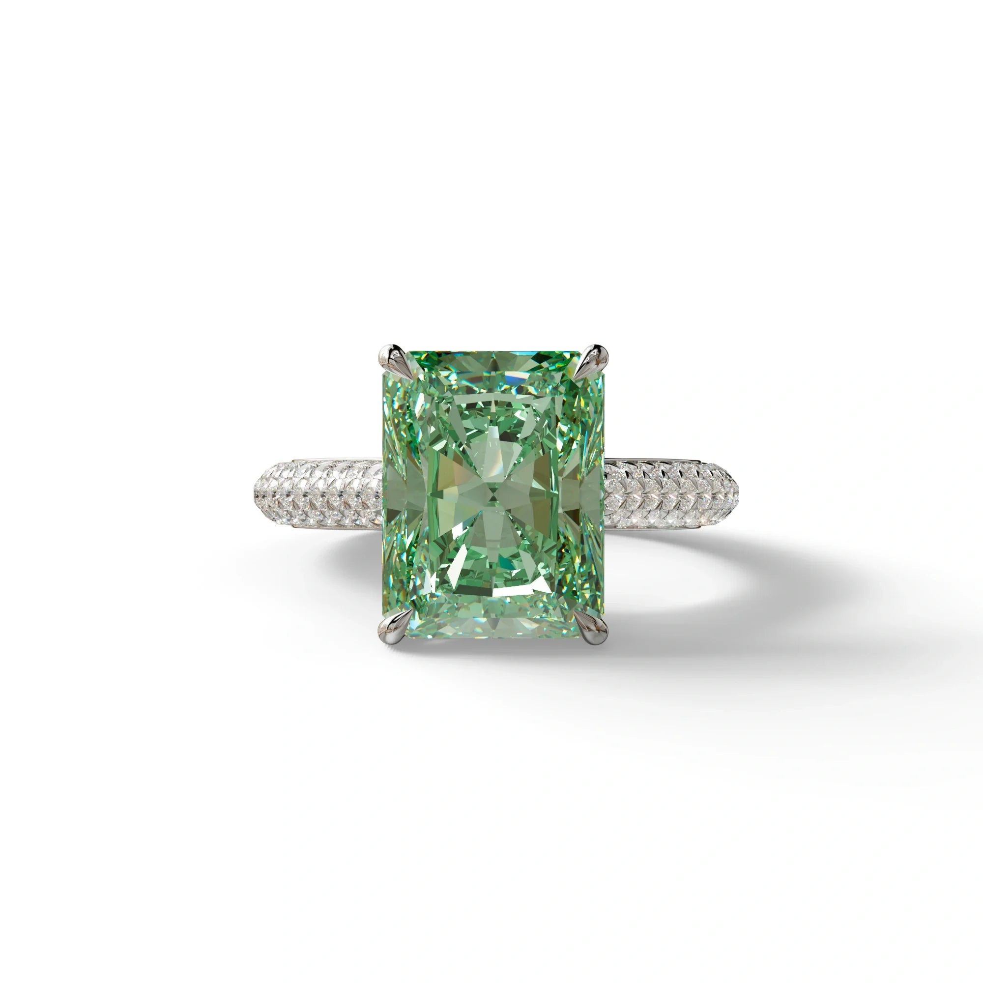 3 Carat Green Radiant Cut Hidden Halo & Pave Set Lab Diamond Ring - Riviera - 10K Solid Gold / White Gold