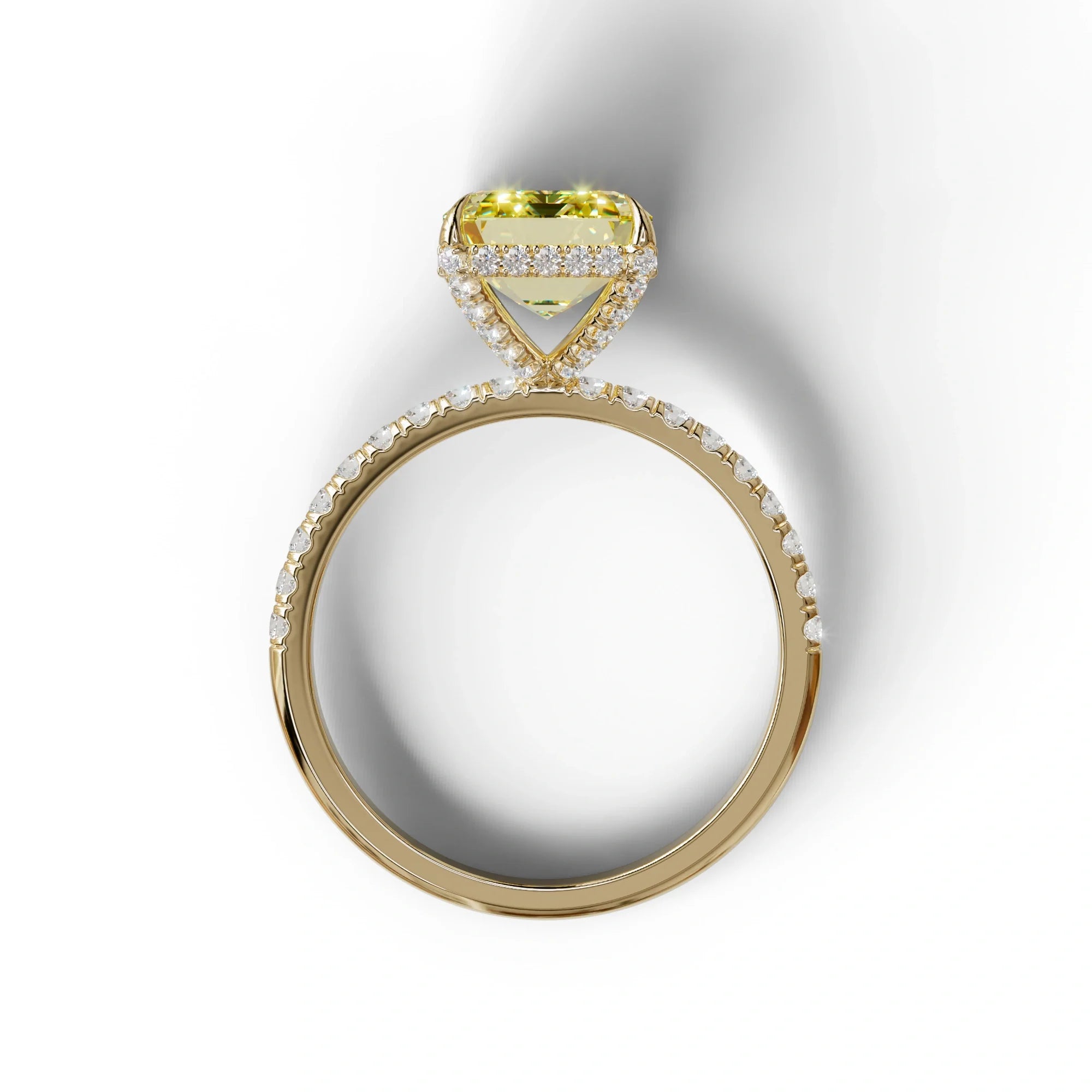 3 Carat Yellow Emerald Cut Lab Diamond In Hidden Halo & Pave Setting Ring
