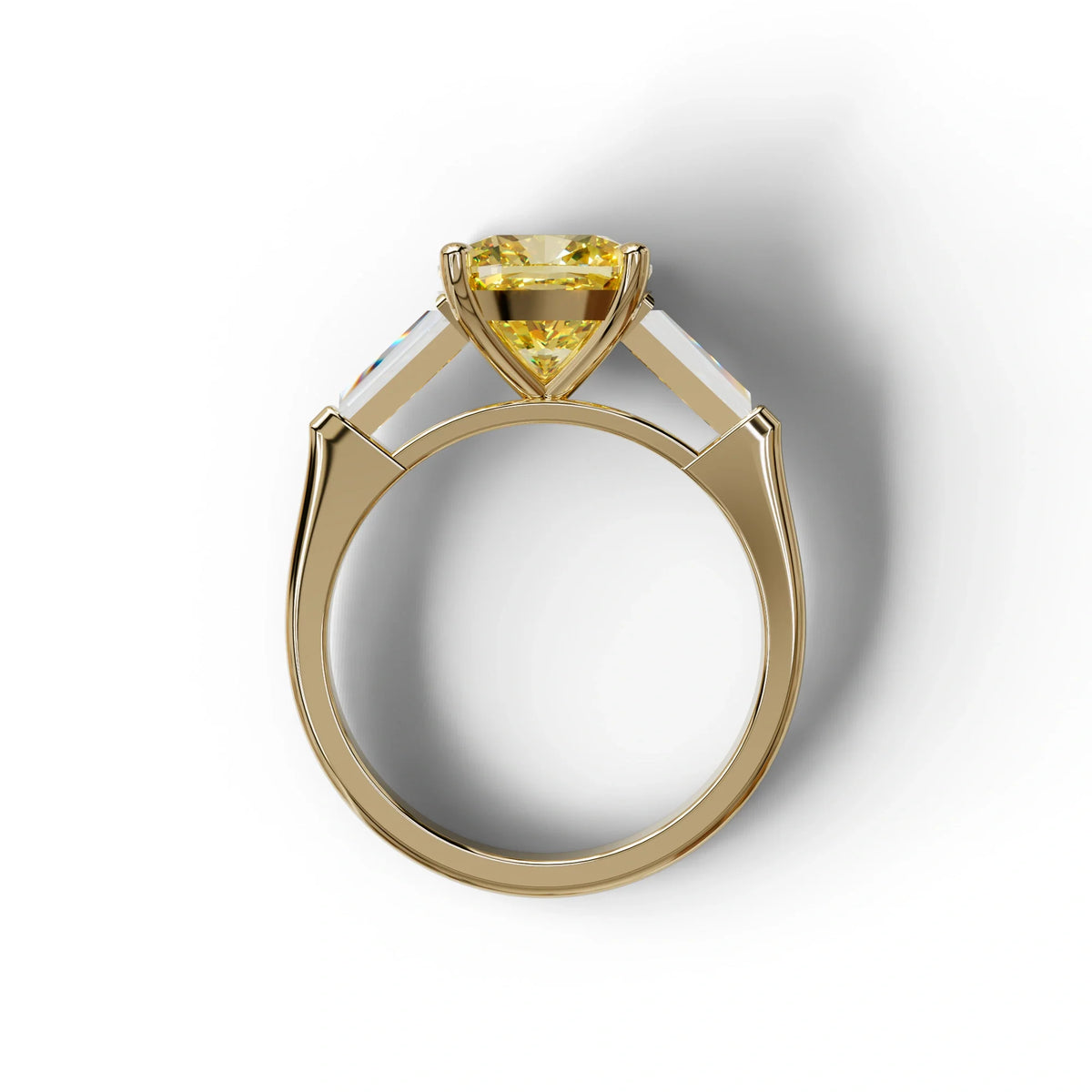 3 Carat Yellow Cushion & Tapered Baguette Three Stone Engagement Ring