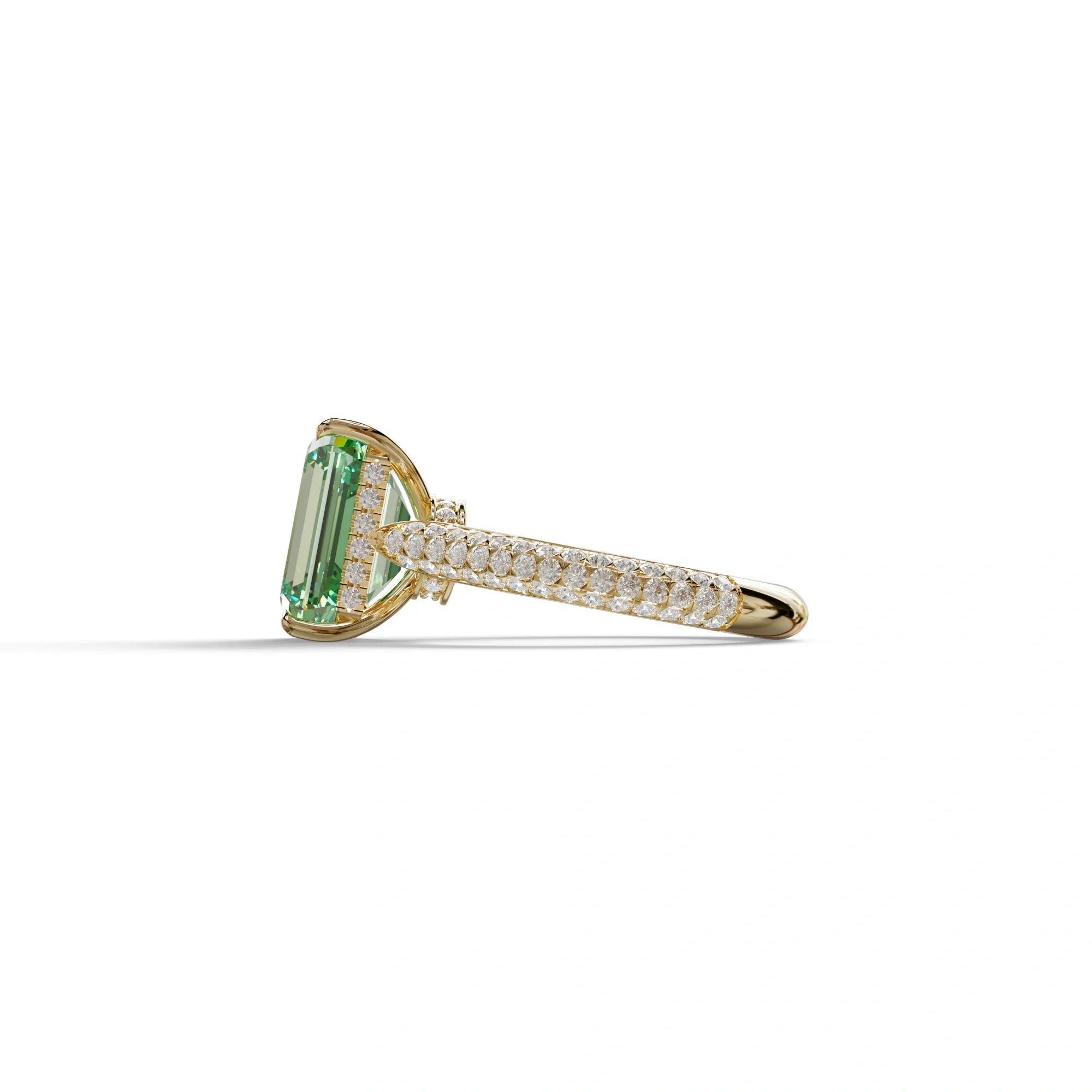 3 Carat Green Emerald Cut Hidden Halo & Pave Set Lab Diamond Ring - Emme