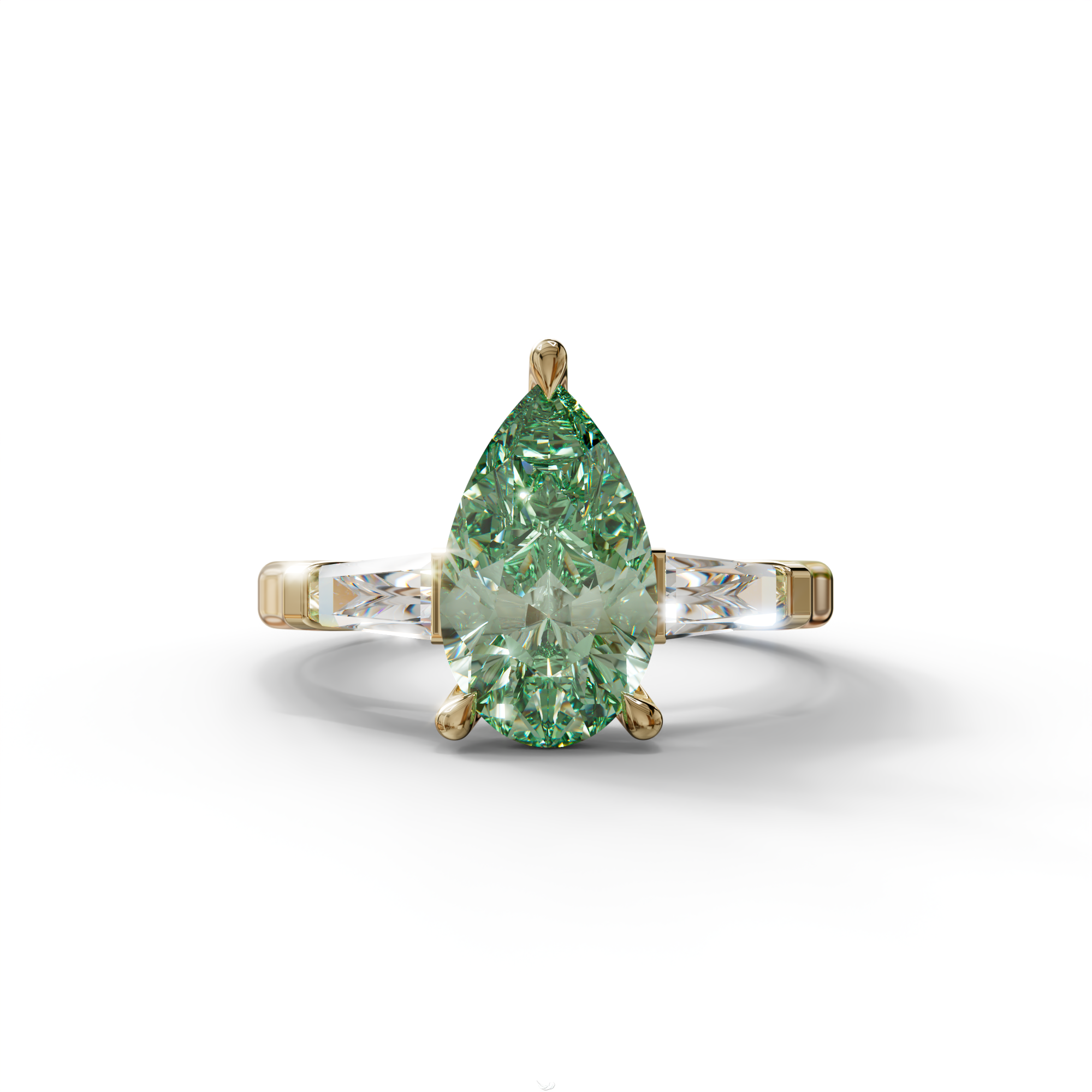 3 Carat Pear Cut Green Lab Diamond Ring 3 Stone Design - Bella - 10K Solid Gold / Yellow Gold