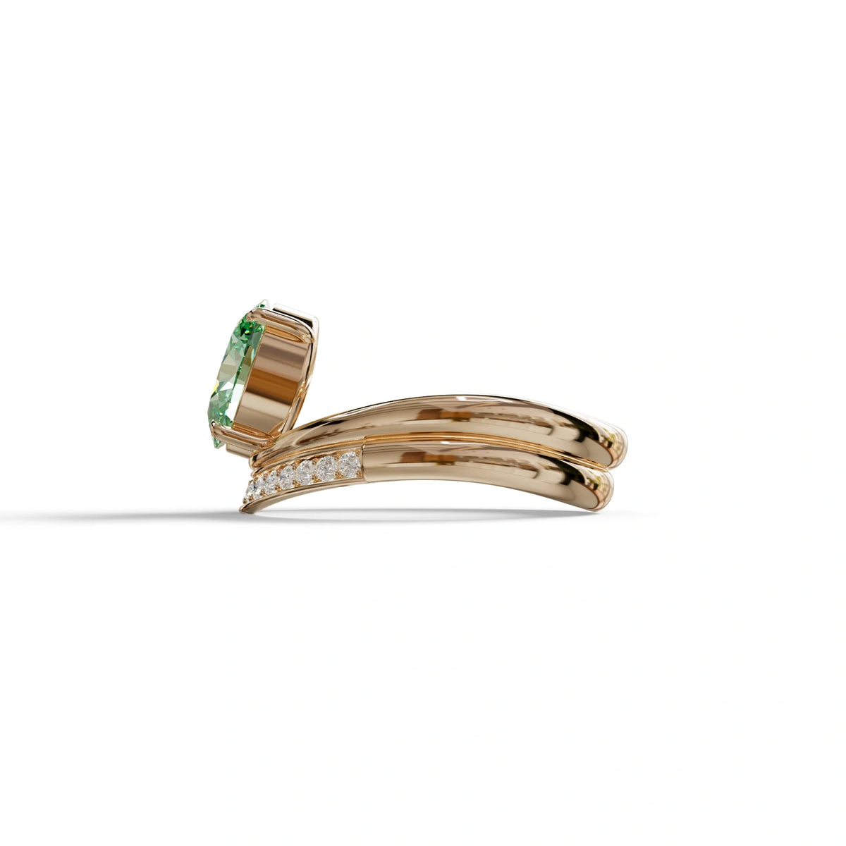 2 Carat Fancy Green Oval Cut Lab Grown Diamond Ring | Curve Setting - Brilliance