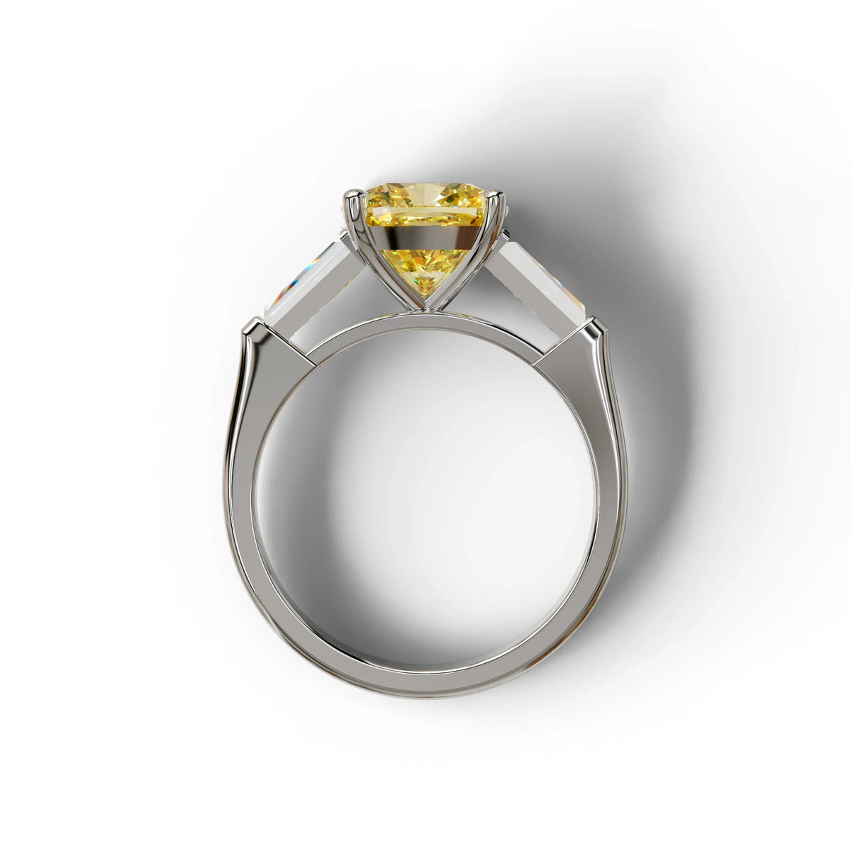 3 Carat Yellow Cushion & Tapered Baguette Three Stone Engagement Ring