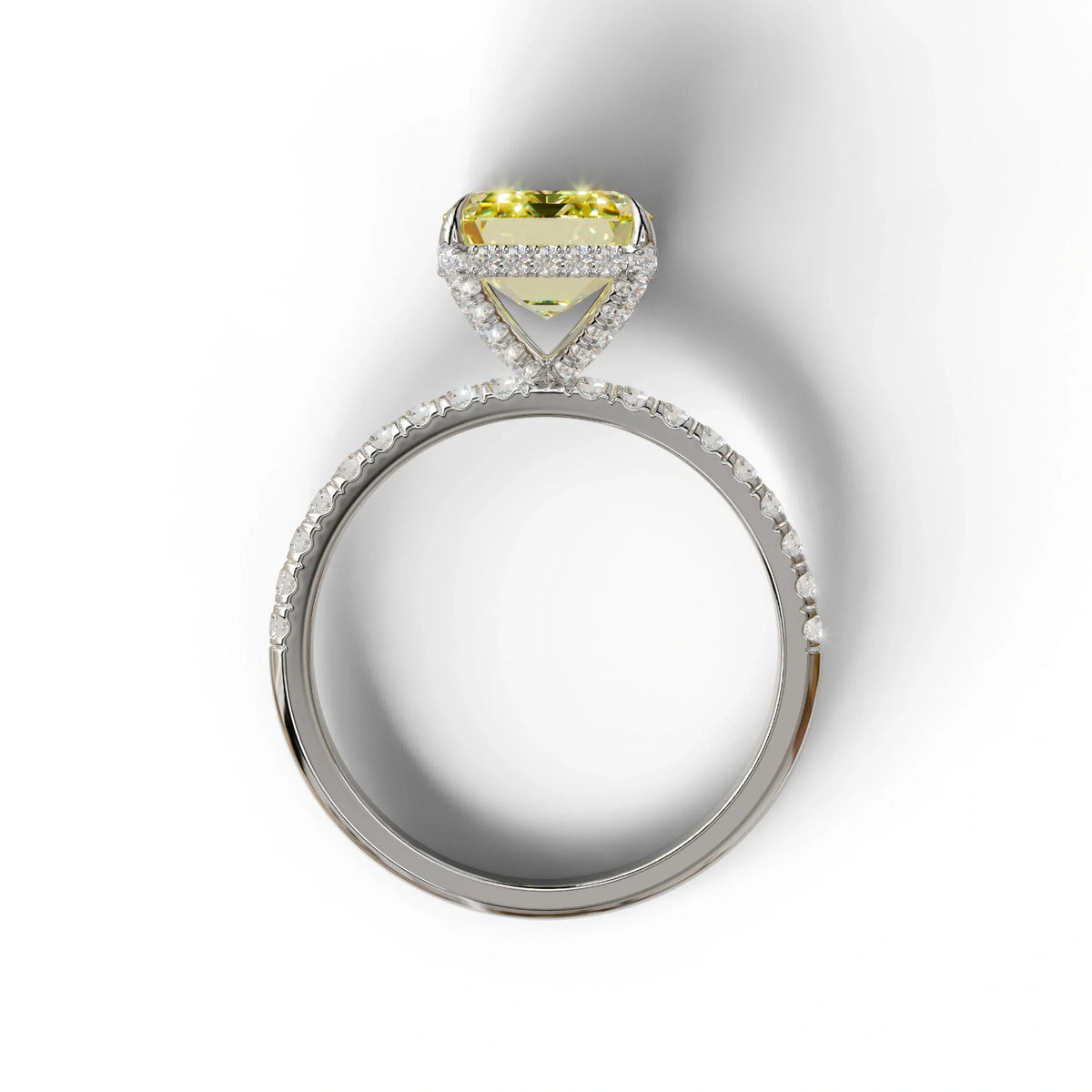 3 Carat Yellow Emerald Cut Lab Diamond In Hidden Halo & Pave Setting Ring
