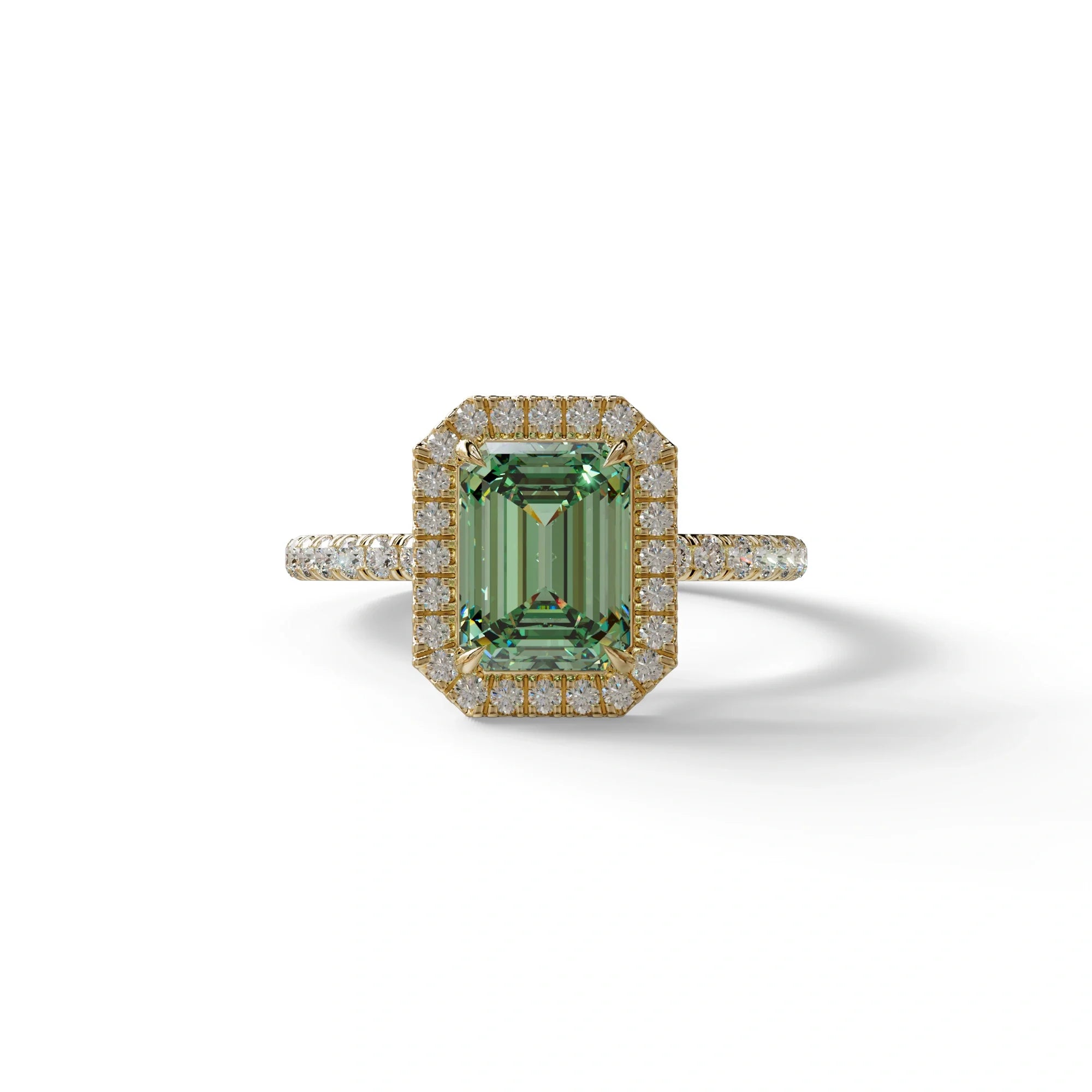 Green Emerald Cut Halo & Pave Lab Grown Diamond Engagement Ring - Viola - 2 Carat / 10K Solid Gold / Yellow Gold