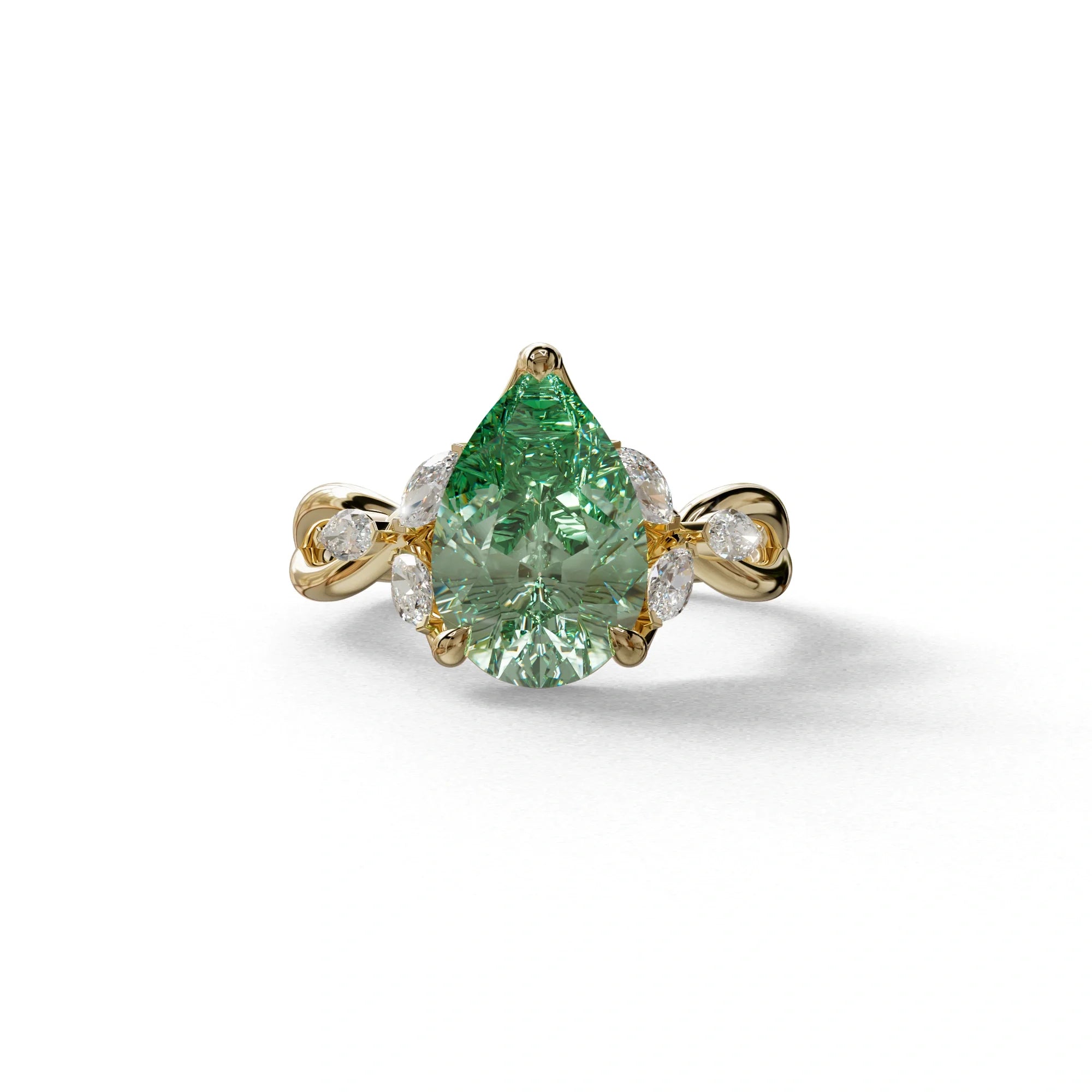3 Carat Green Pear Cut Cluster-Vintage Setting Lab Grown Diamond Ring - Celena - 10K Solid Gold / Yellow Gold