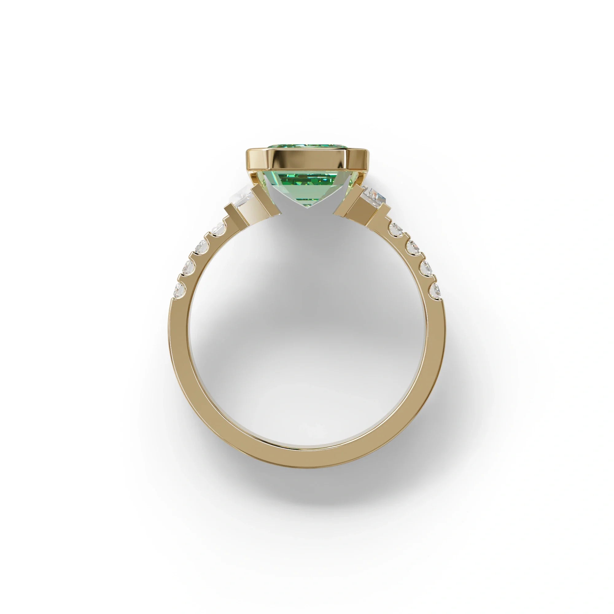 3 Carat Green Color Emerald Cut Three Stone Lab Diamond Engagement Ring | Bezel Set Ring - Gatsby