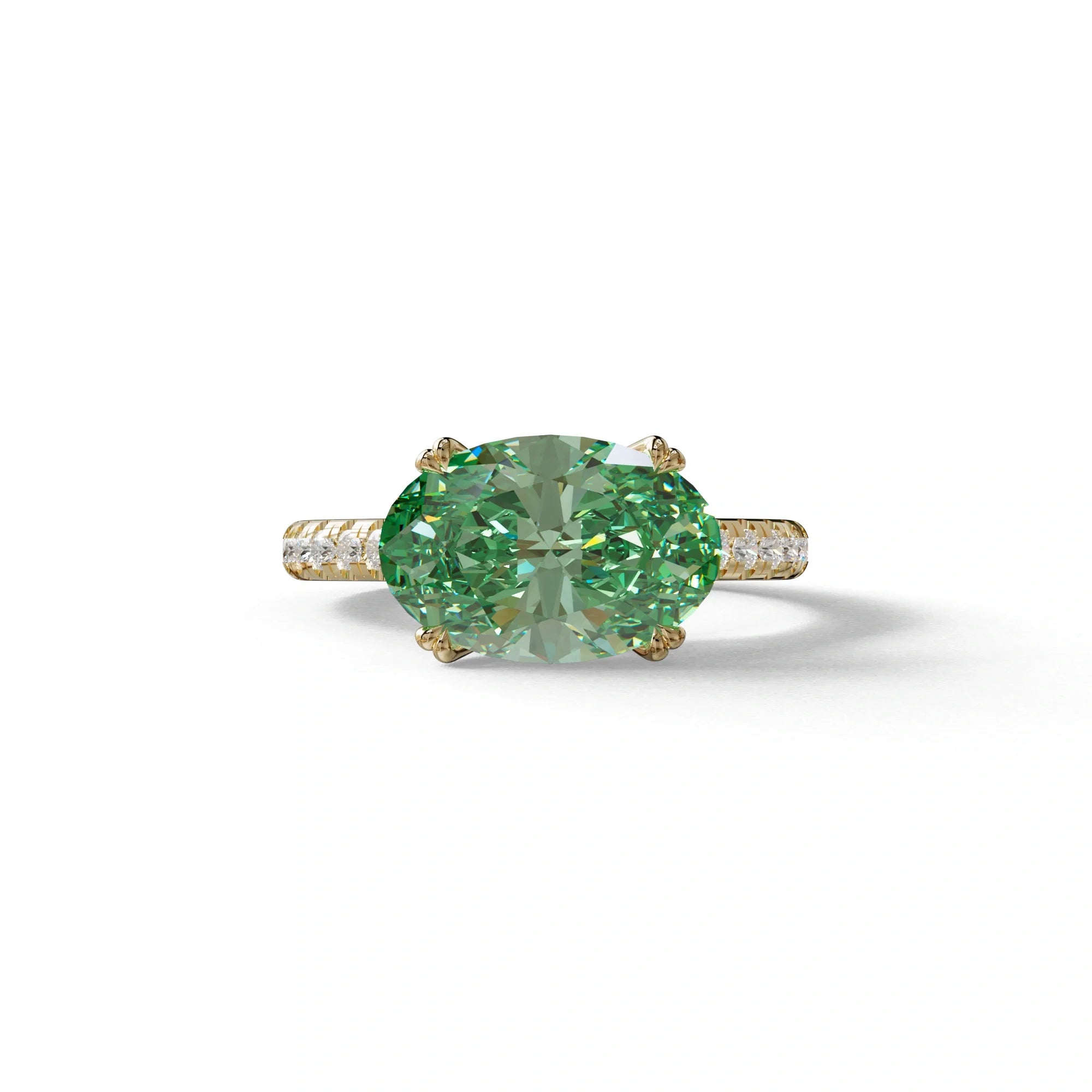 3 Carat Green Oval Lab Diamond Engagement Ring - Ellipse - 10K Solid Gold / Yellow Gold