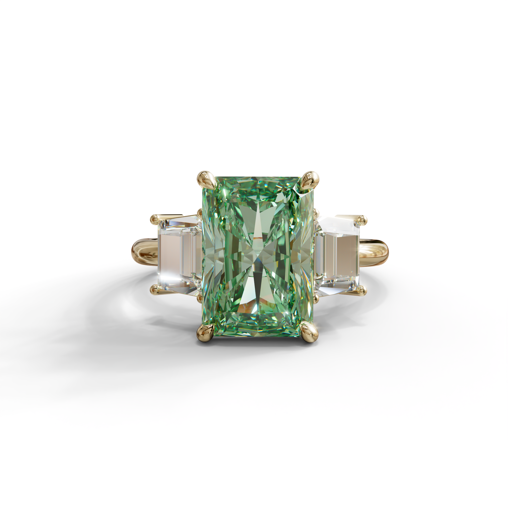 4 Carat Green Radiant & Trapezoid Three Stone Engagement Ring - Embrace - 10K Solid Gold / Yellow Gold