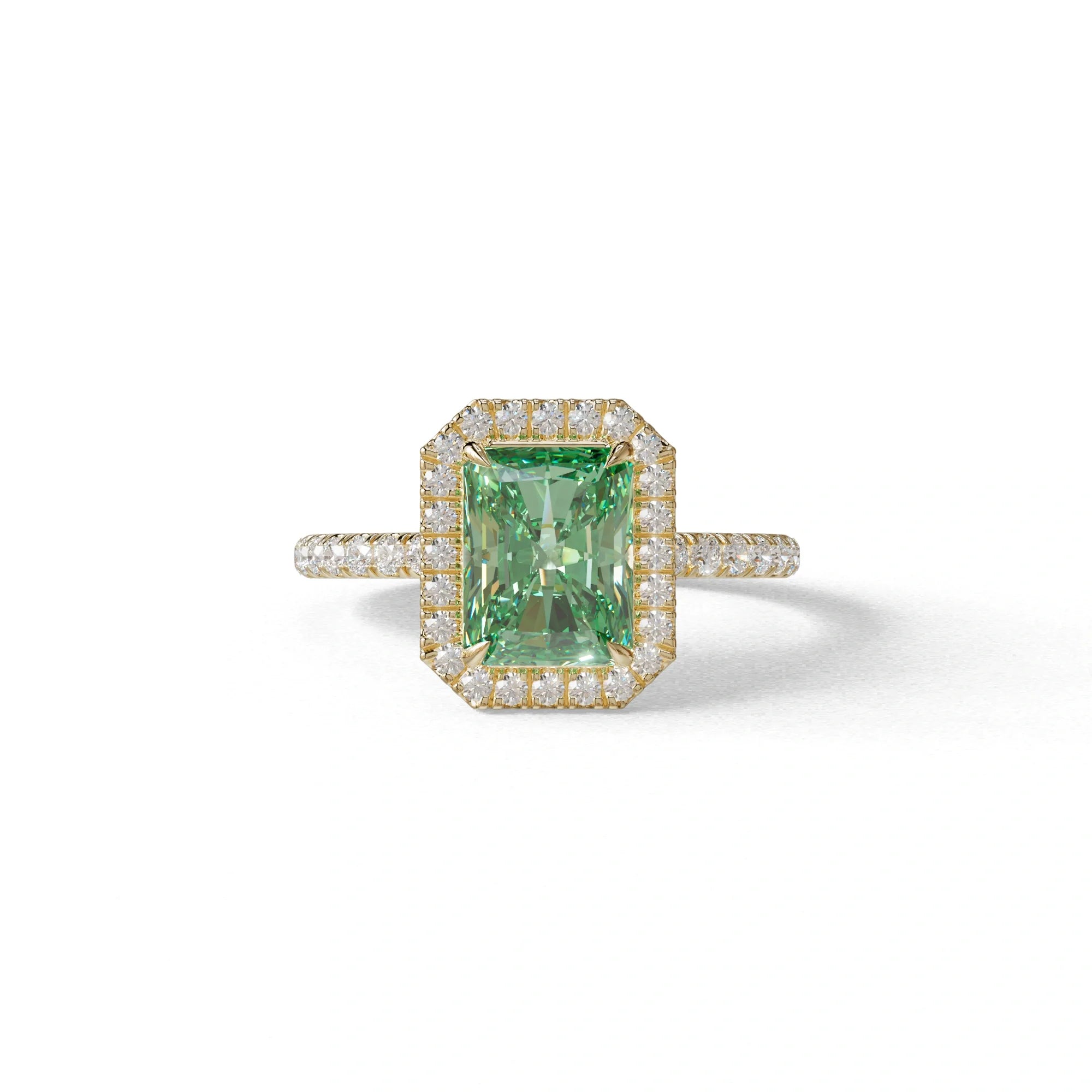 Green Radiant Cut Halo & Pave Lab Grown Diamond Engagement Ring - Madison - 2 Carat / 10K Solid Gold / Yellow Gold