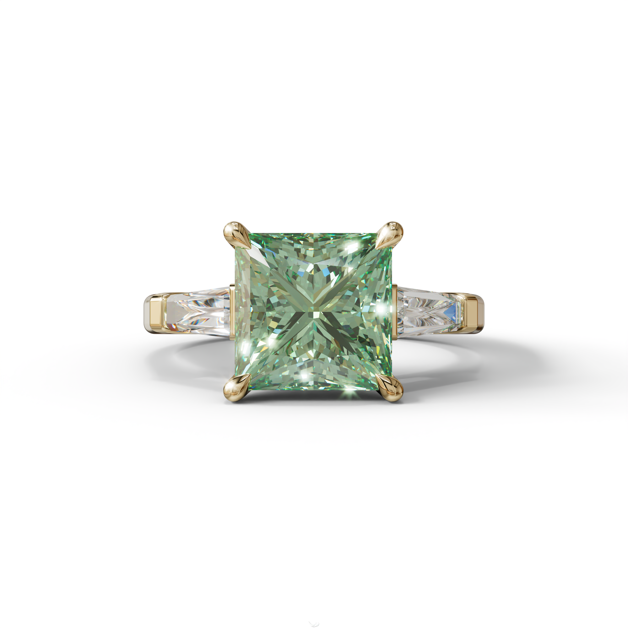 3 Carat Green Princess & Baguette Cut Lab Grown Diamond Ring - Alluring - 10K Solid Gold / Yellow Gold