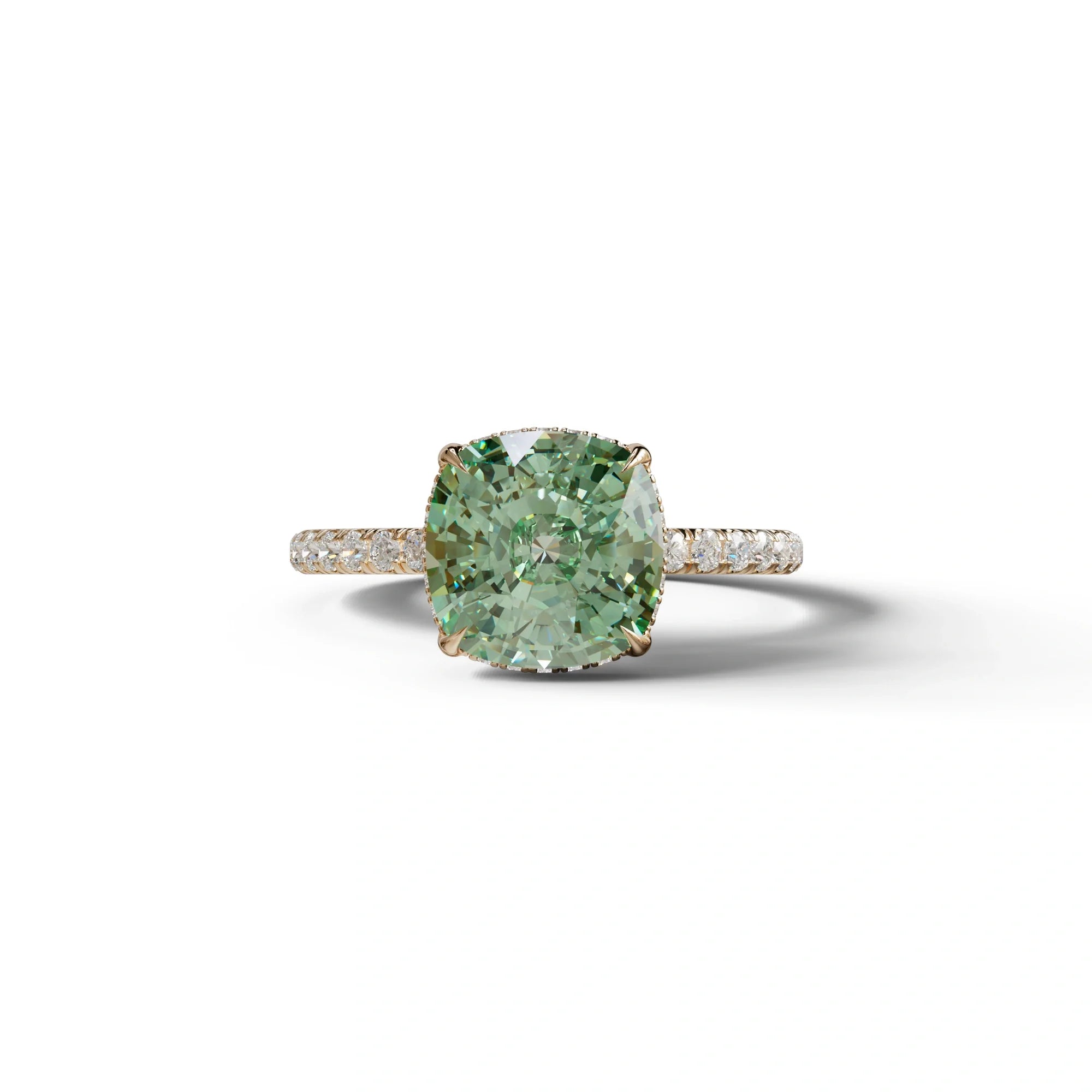 2.5 Carat Green Cushion Cut Hidden Halo & Pave Lab Grown Diamond Ring - 10K Solid Gold / Yellow Gold