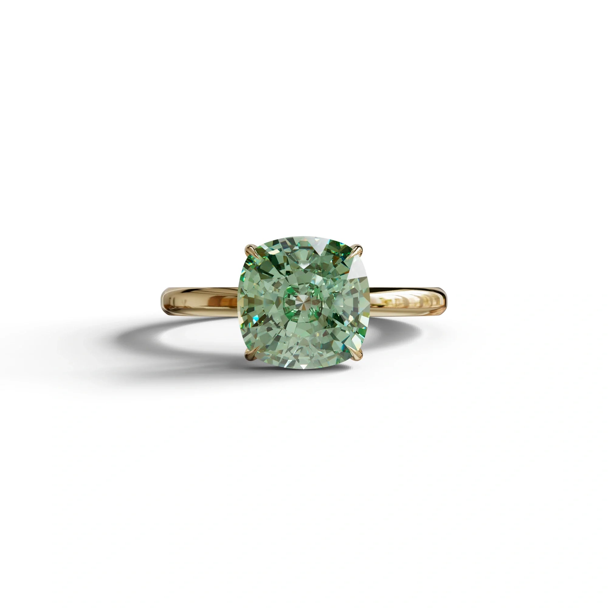 Green Cushion Cut Solitaire Lab Grown Diamond Engagement Ring - Mesmera - 2 Carat / 10K Solid Gold / Yellow Gold