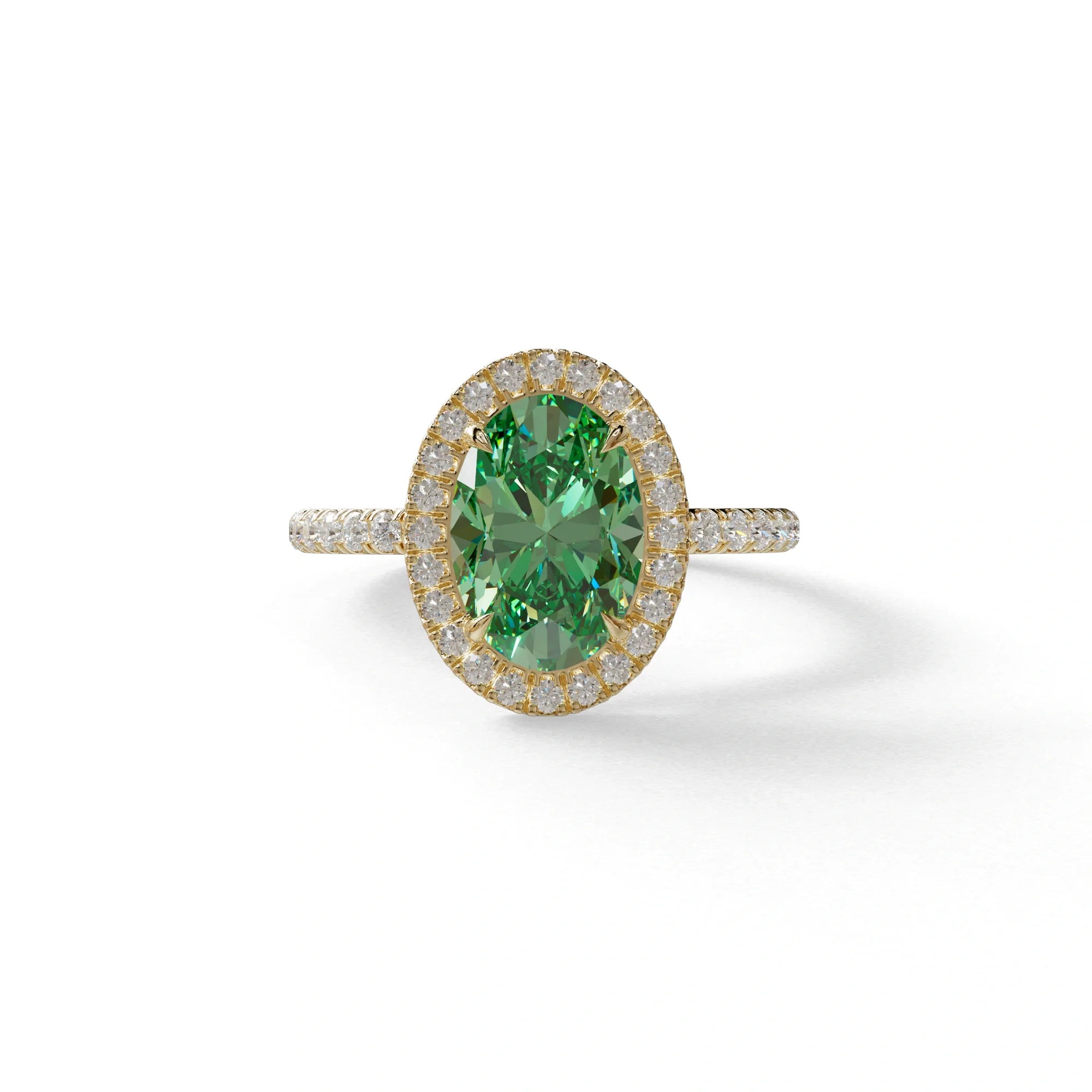 Green Oval Cut Halo & Pave Lab Grown Diamond Engagement Ring - AnnaBella - 2 Carat / 10K Solid Gold / Yellow Gold